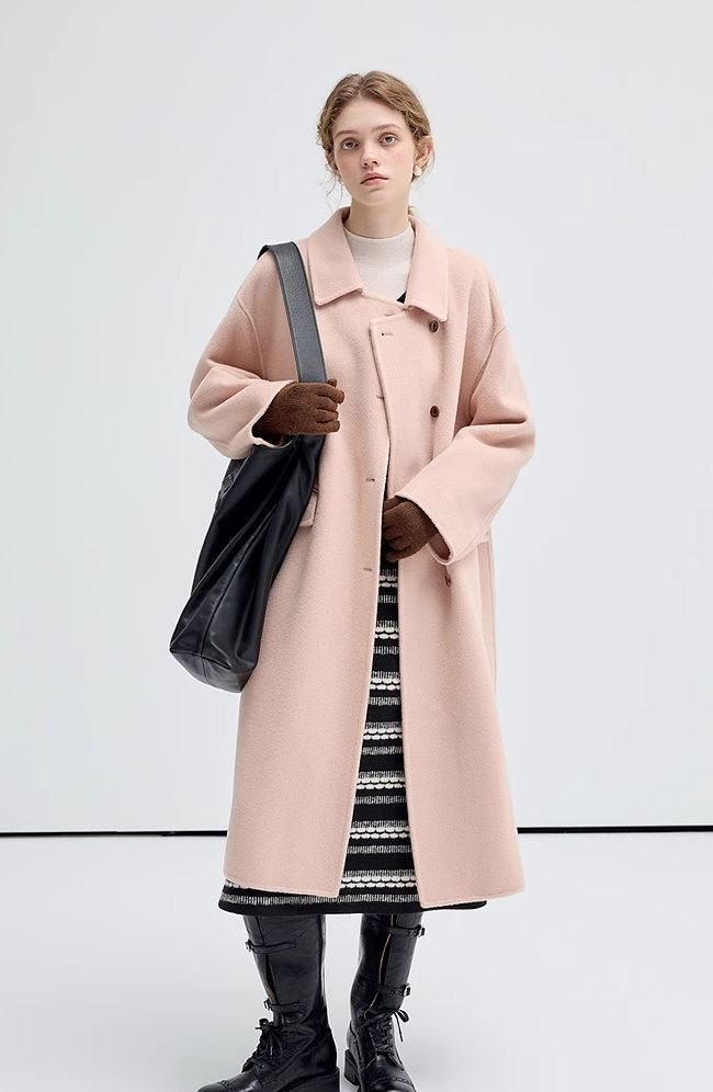 lapel,long,sleeve,woolen,lightpink,coat,simple,cool,cute,mode,sexy,modern