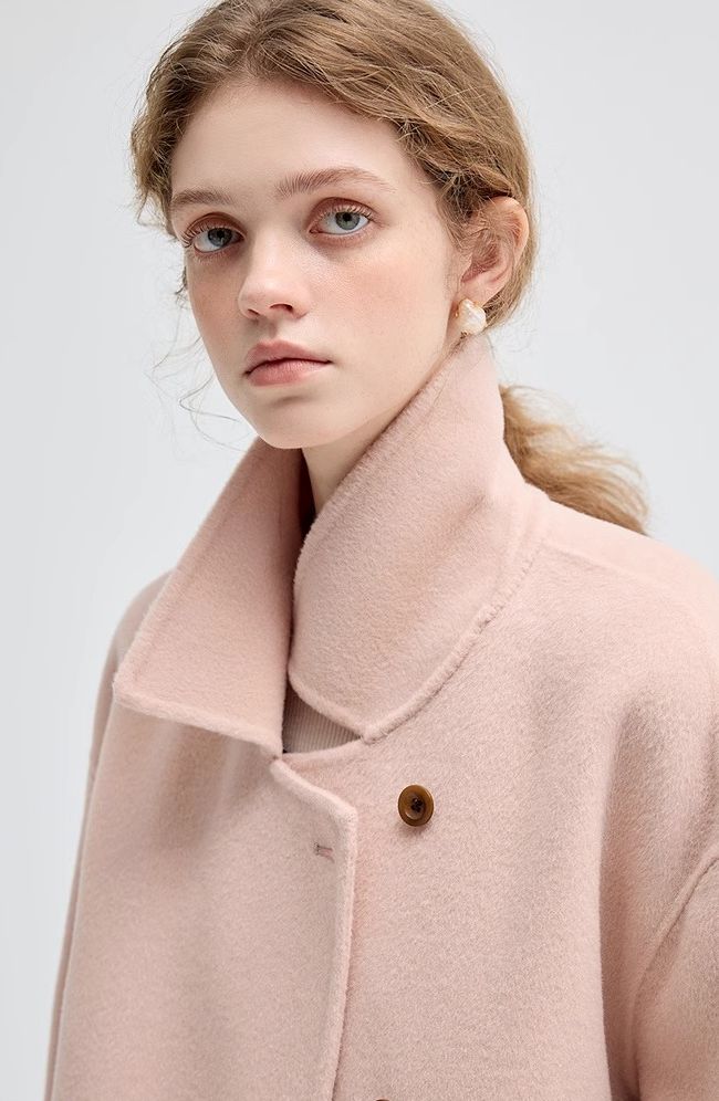 lapel,long,sleeve,woolen,lightpink,coat,simple,cool,cute,mode,sexy,modern