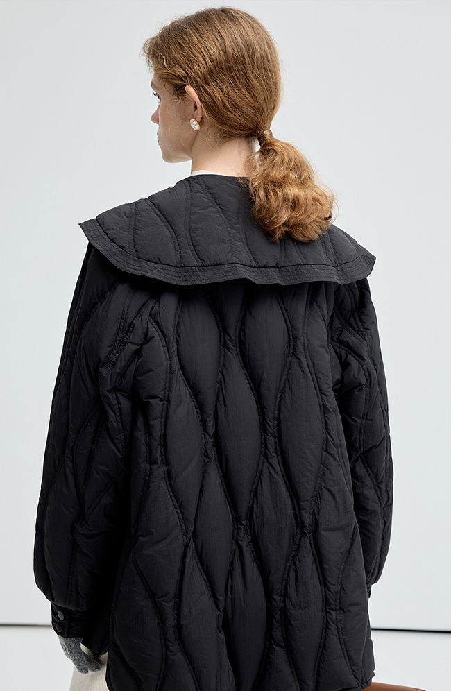 black,white,wide,brimmed,doll,collar,thin,down,jacket,simple,cool,cute,mode,sexy,modern