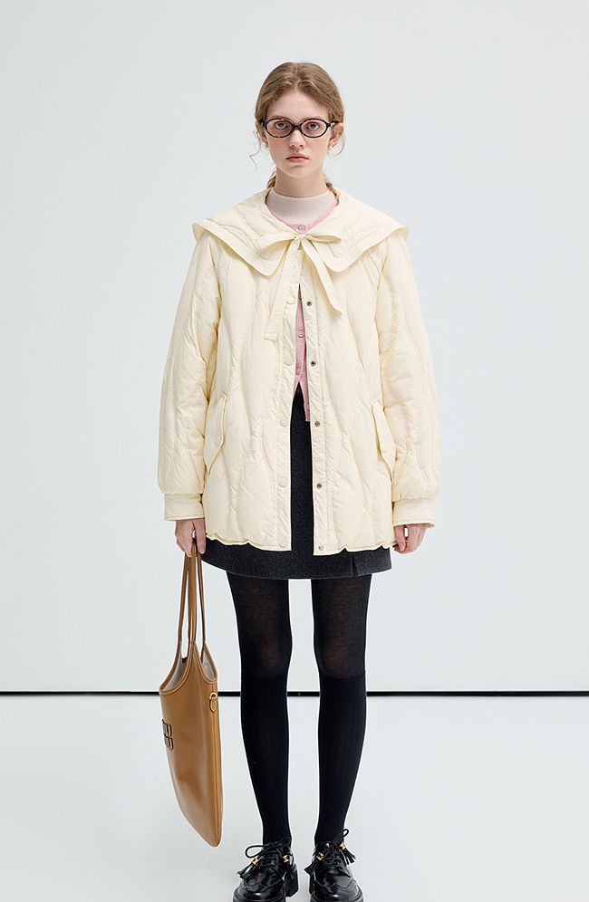 black,white,wide,brimmed,doll,collar,thin,down,jacket,simple,cool,cute,mode,sexy,modern