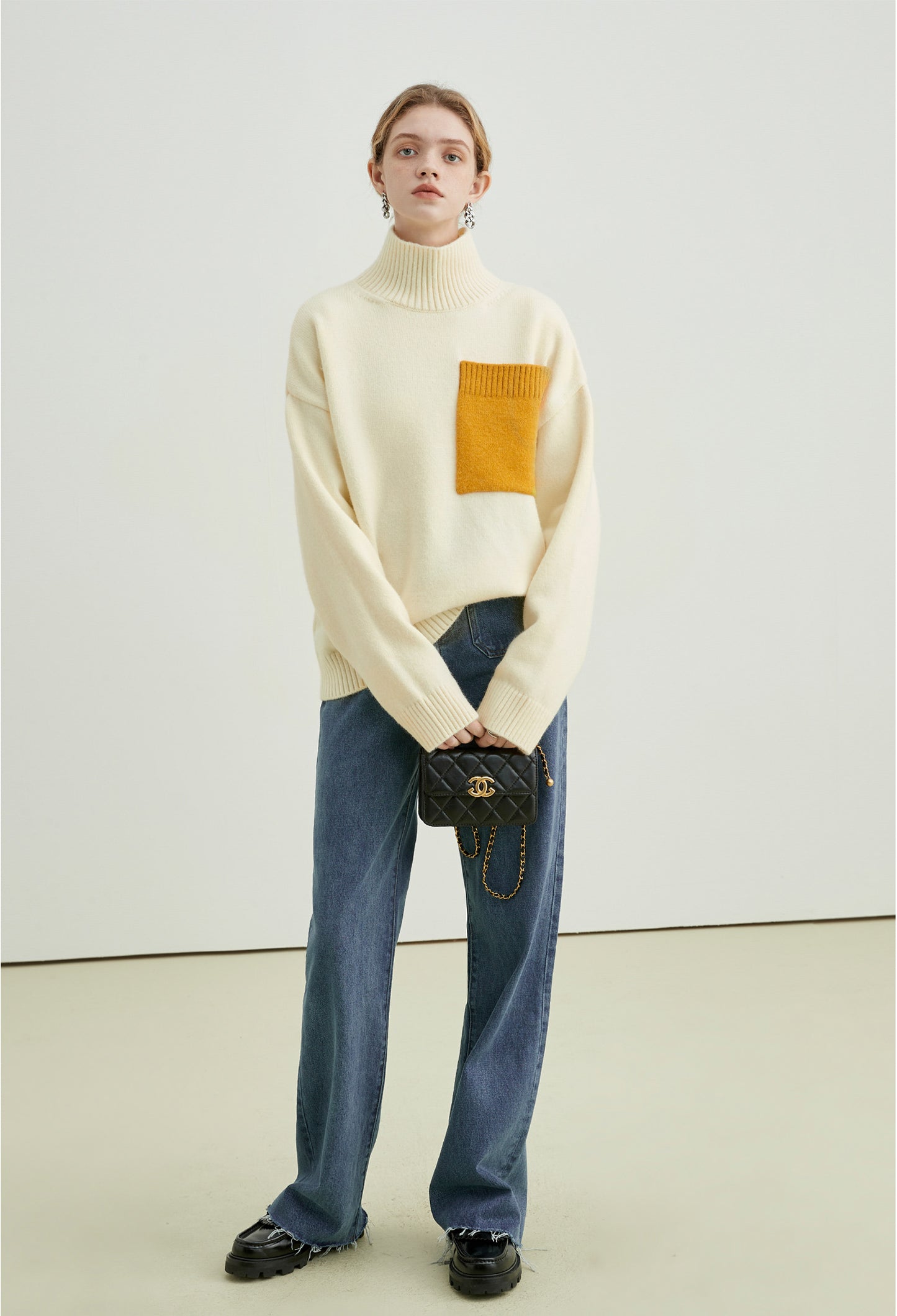 pocket,high,neck,sweater,white,yellow,cool,cute,sexy,mode,simple