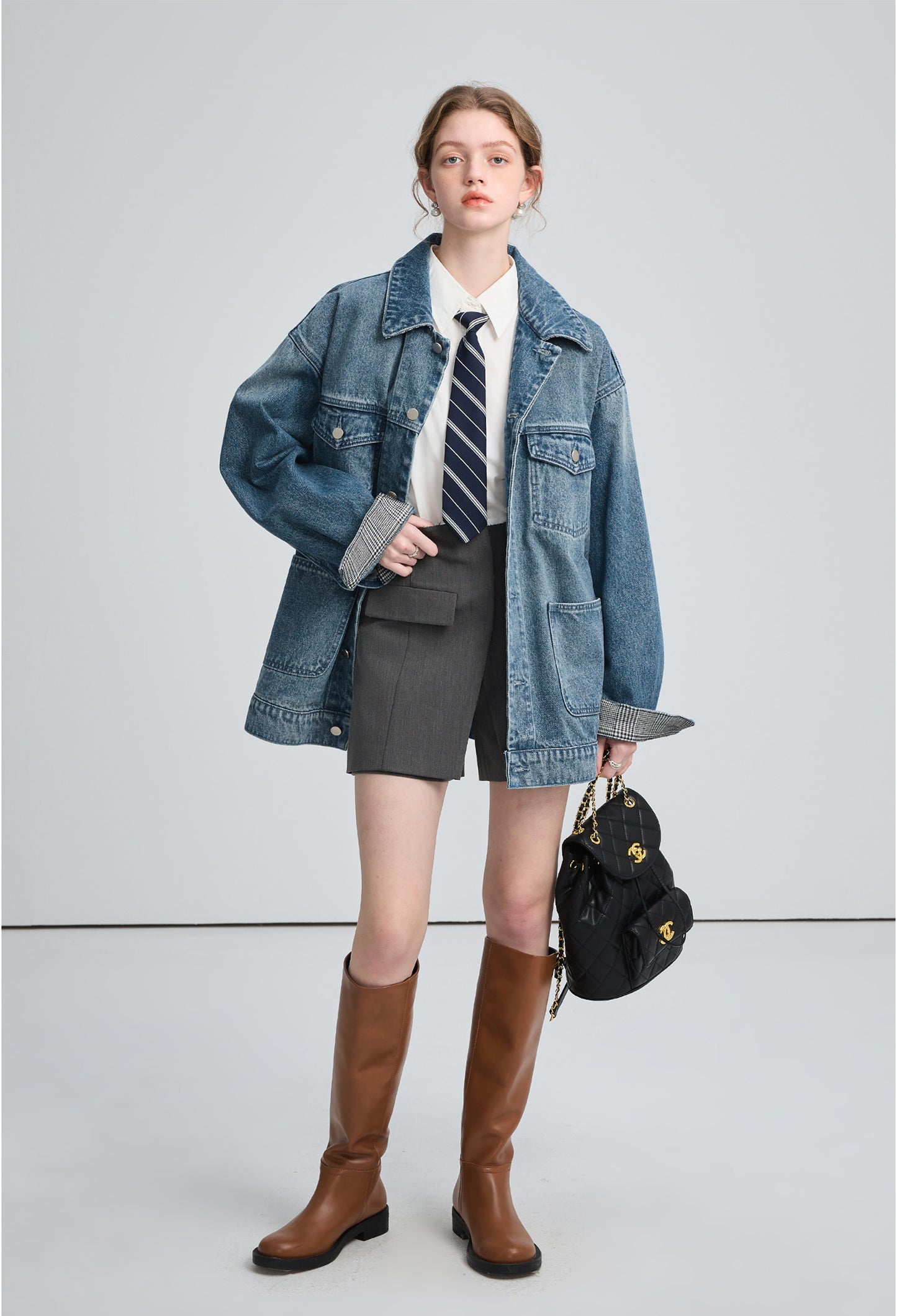 check,collar,denim,coat,blue,simple,cute,mode,sexy,