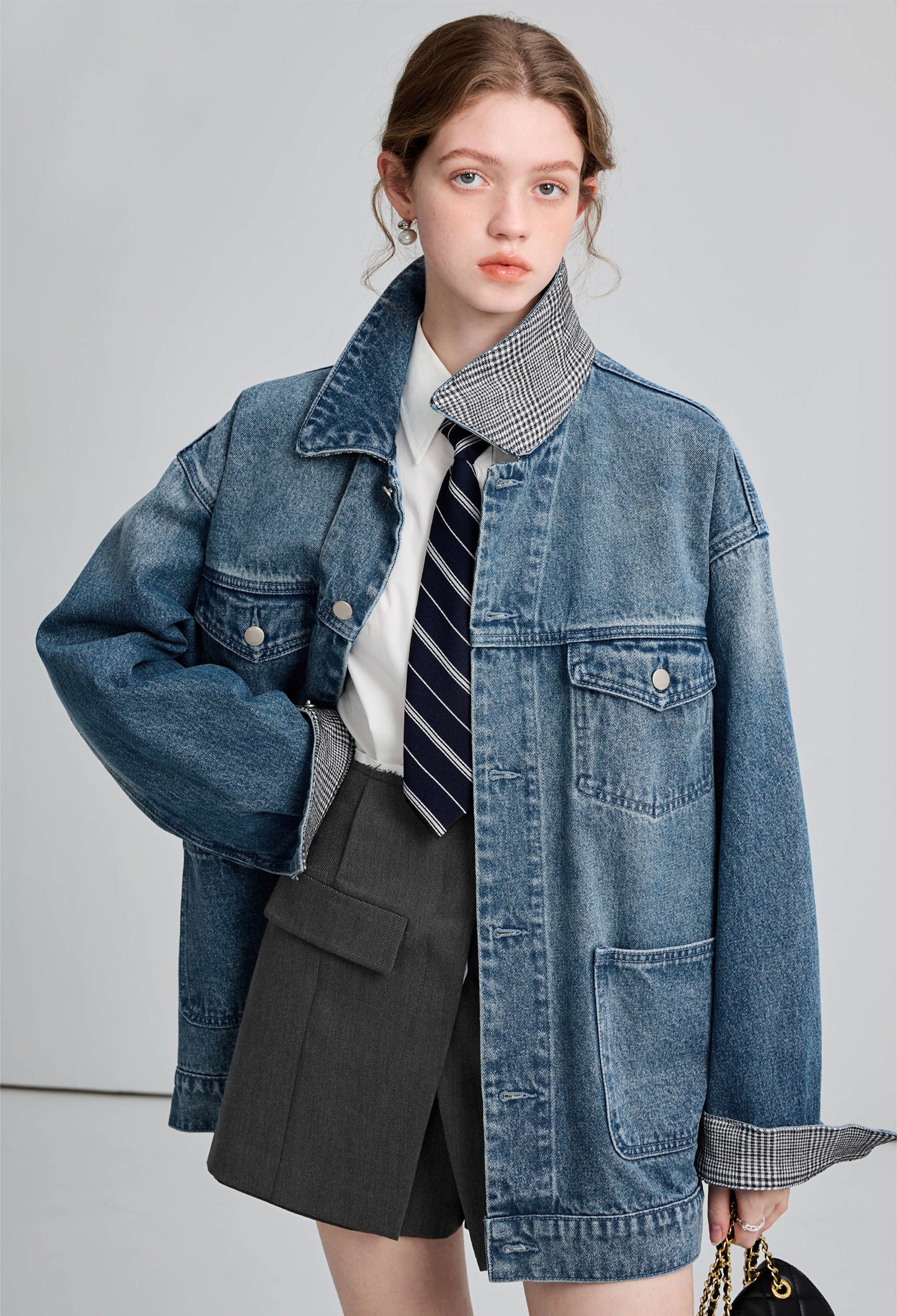 check,collar,denim,coat,blue,simple,cute,mode,sexy,