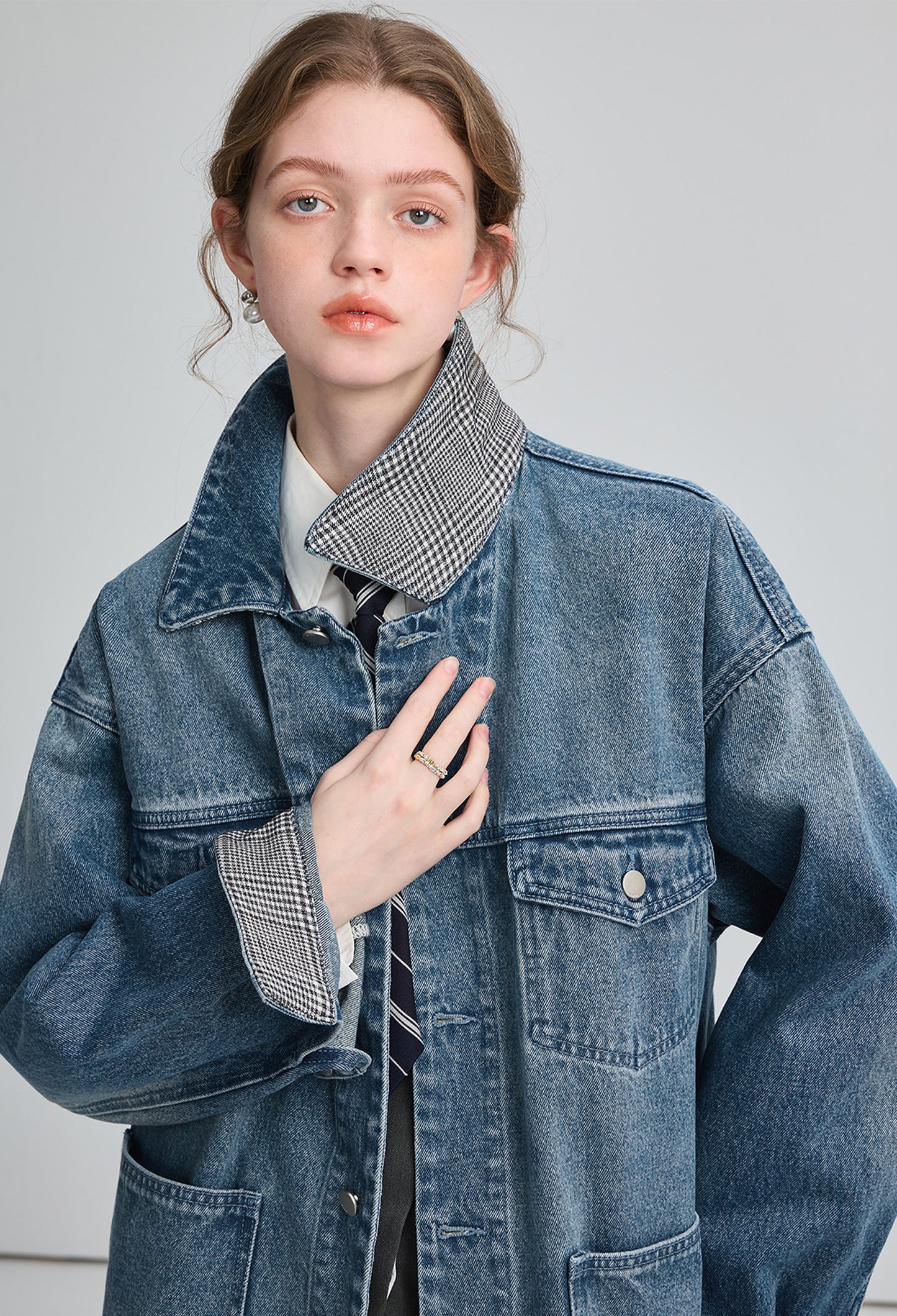 check,collar,denim,coat,blue,simple,cute,mode,sexy,