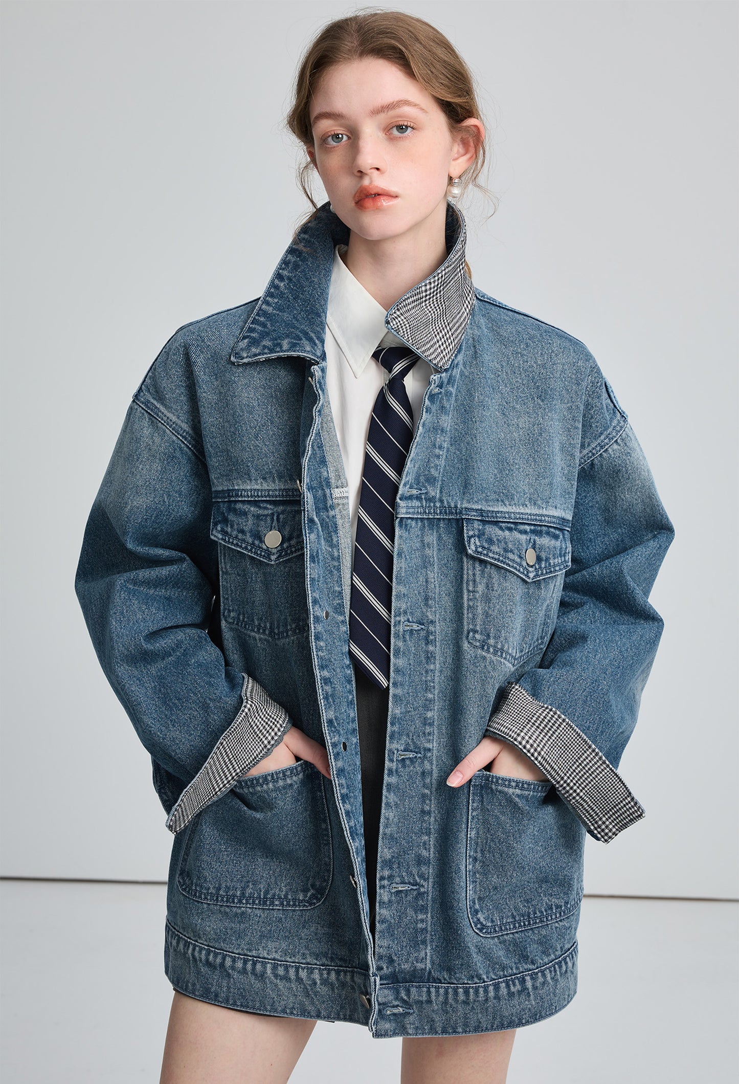 check,collar,denim,coat,blue,simple,cute,mode,sexy,
