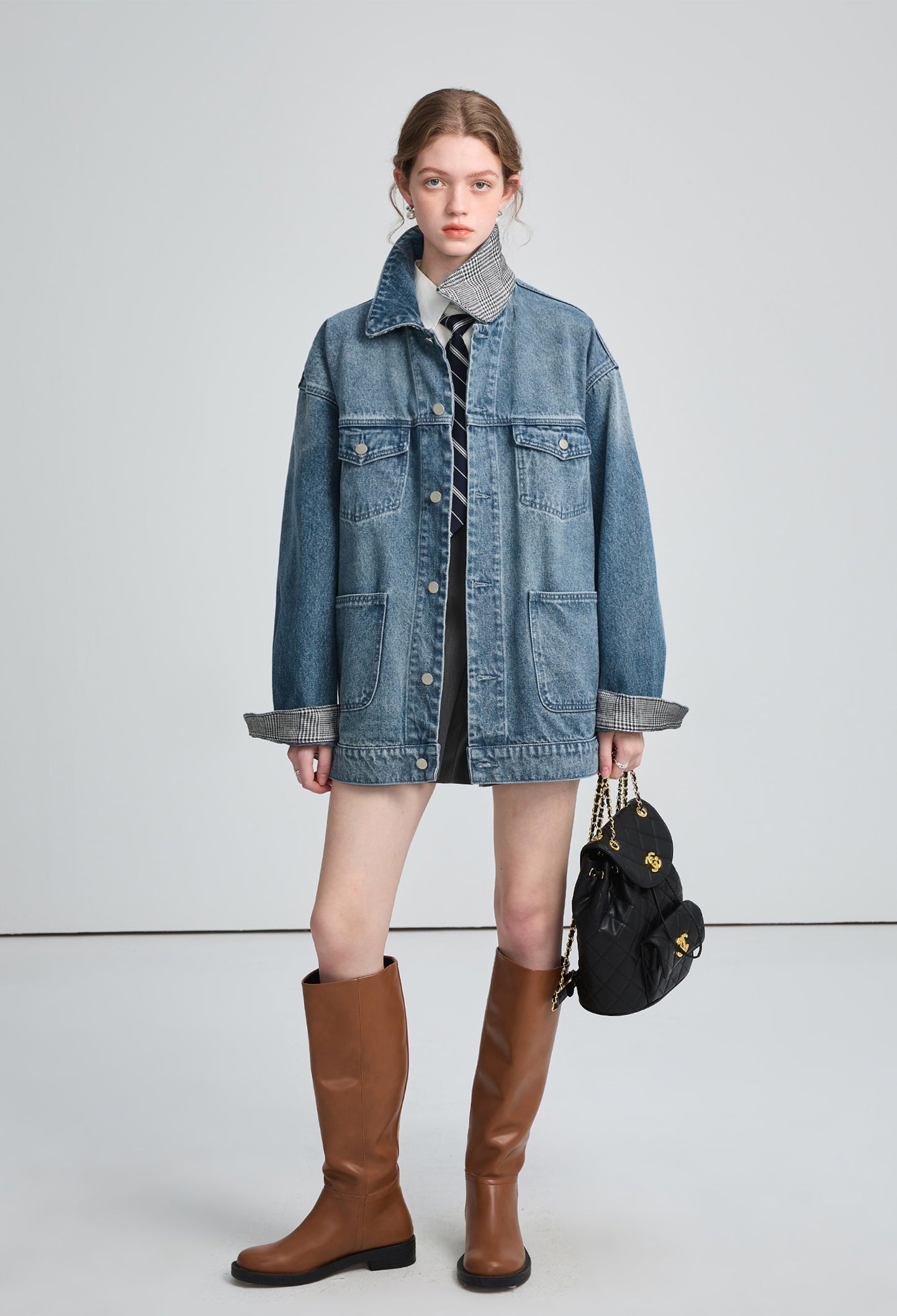 check,collar,denim,coat,blue,simple,cute,mode,sexy,