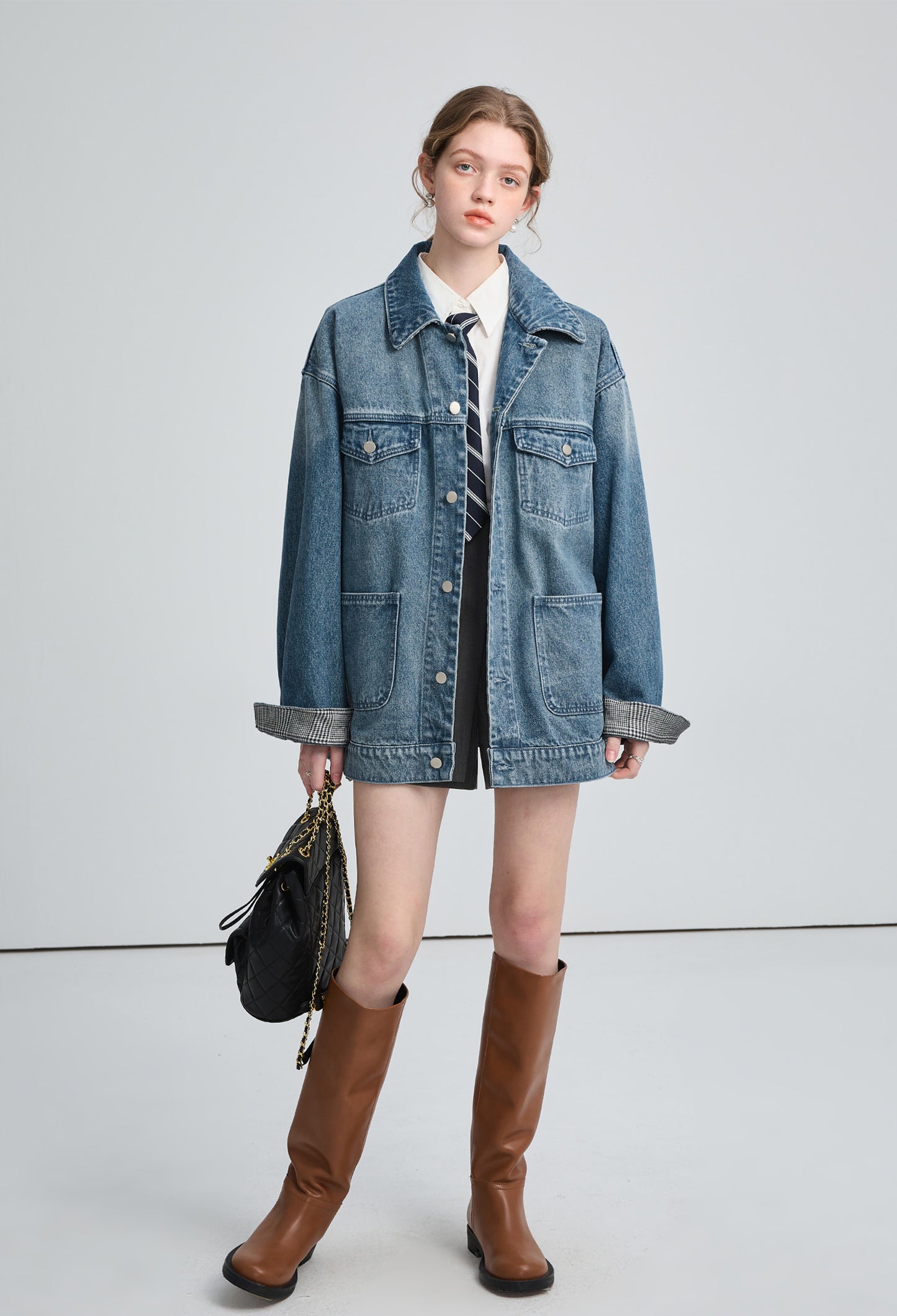 check,collar,denim,coat,blue,simple,cute,mode,sexy,