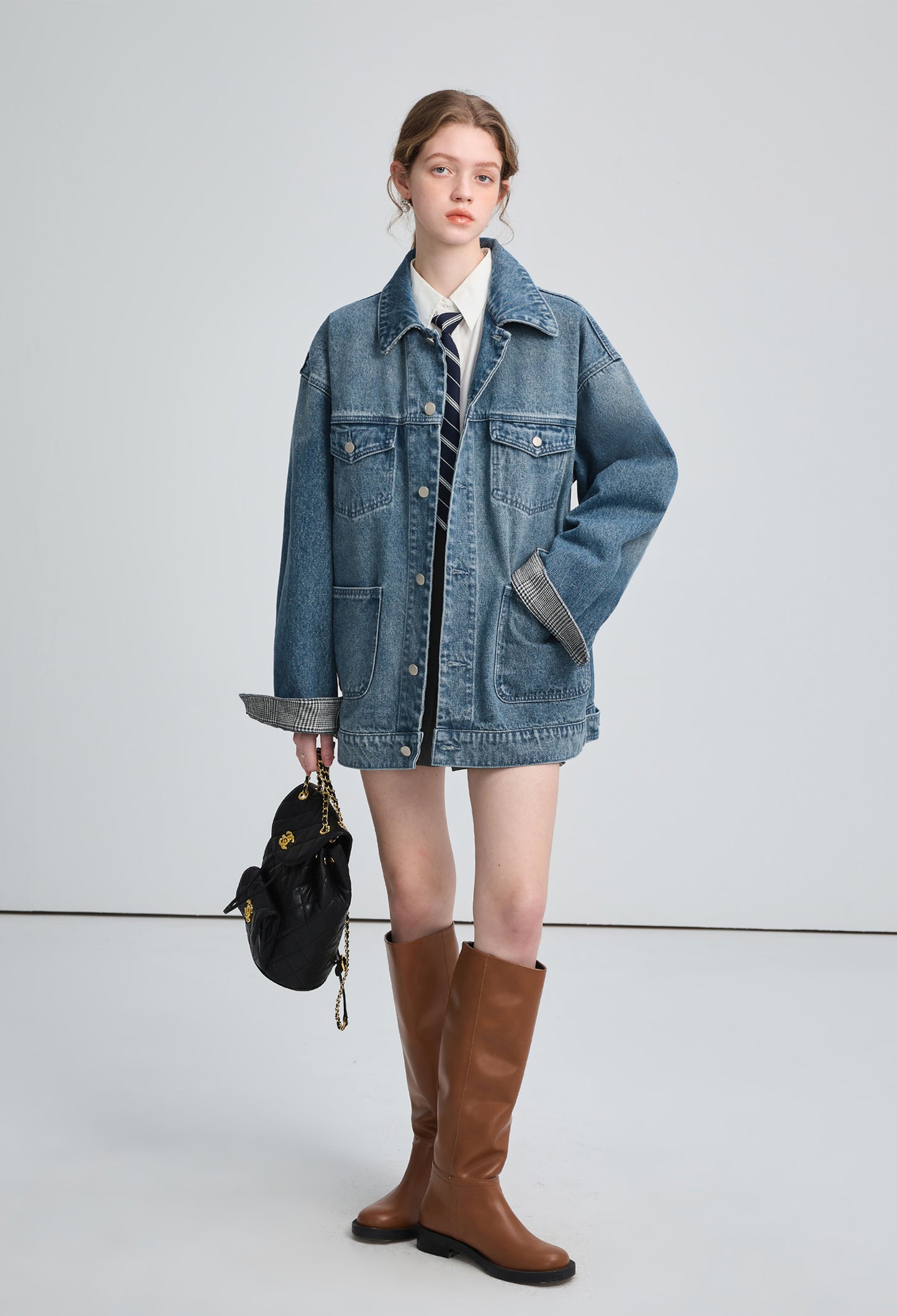 check,collar,denim,coat,blue,simple,cute,mode,sexy,