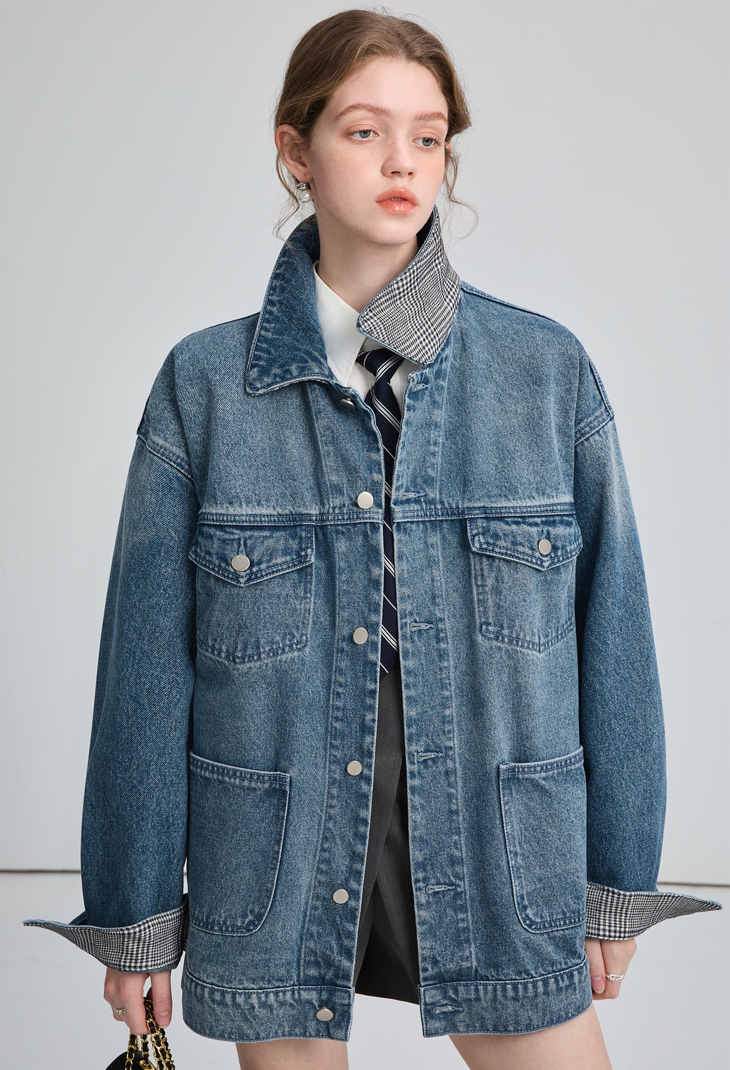 check,collar,denim,coat,blue,simple,cute,mode,sexy,