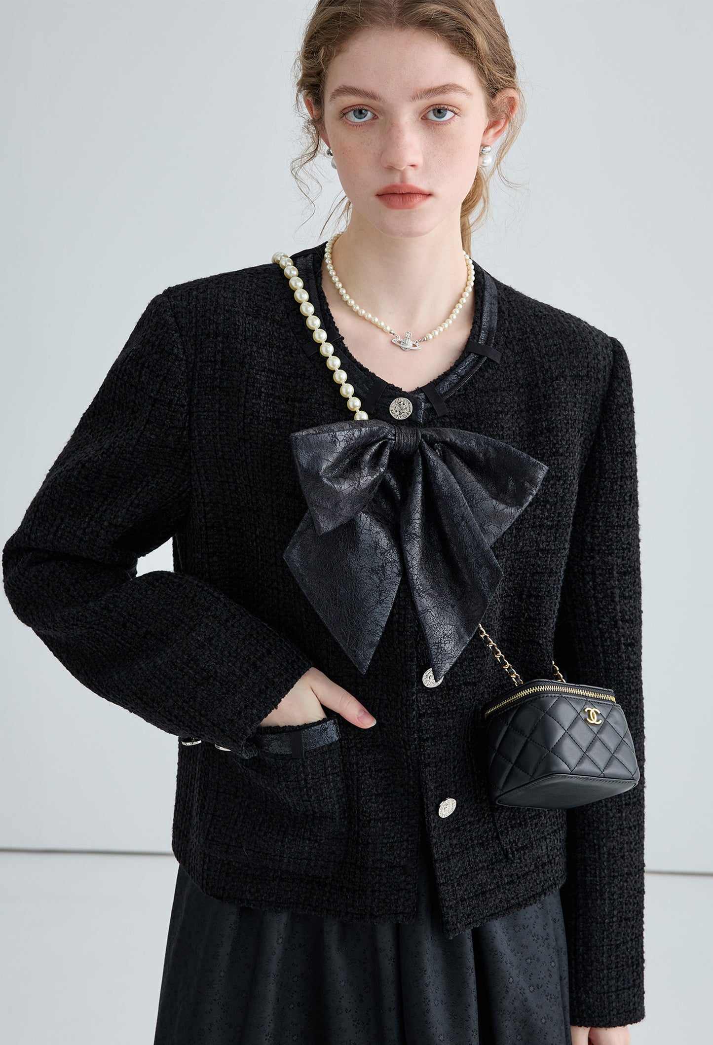tweed,ribbon,jacket,black,simple,cute,cool,sexy,mode,