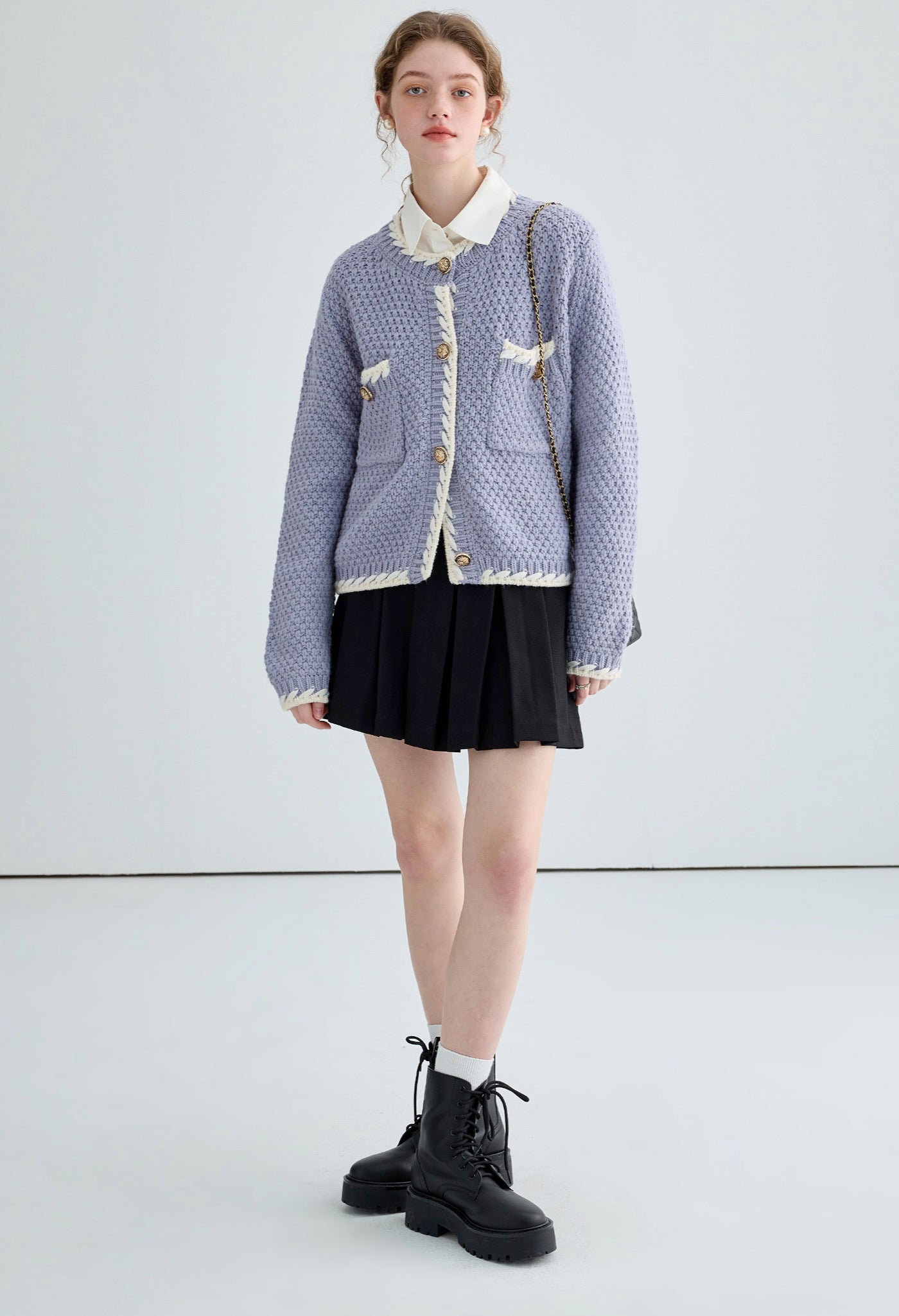white,piping,knit,cardigan,purple,black,simple,cute,cool,sexy,mode