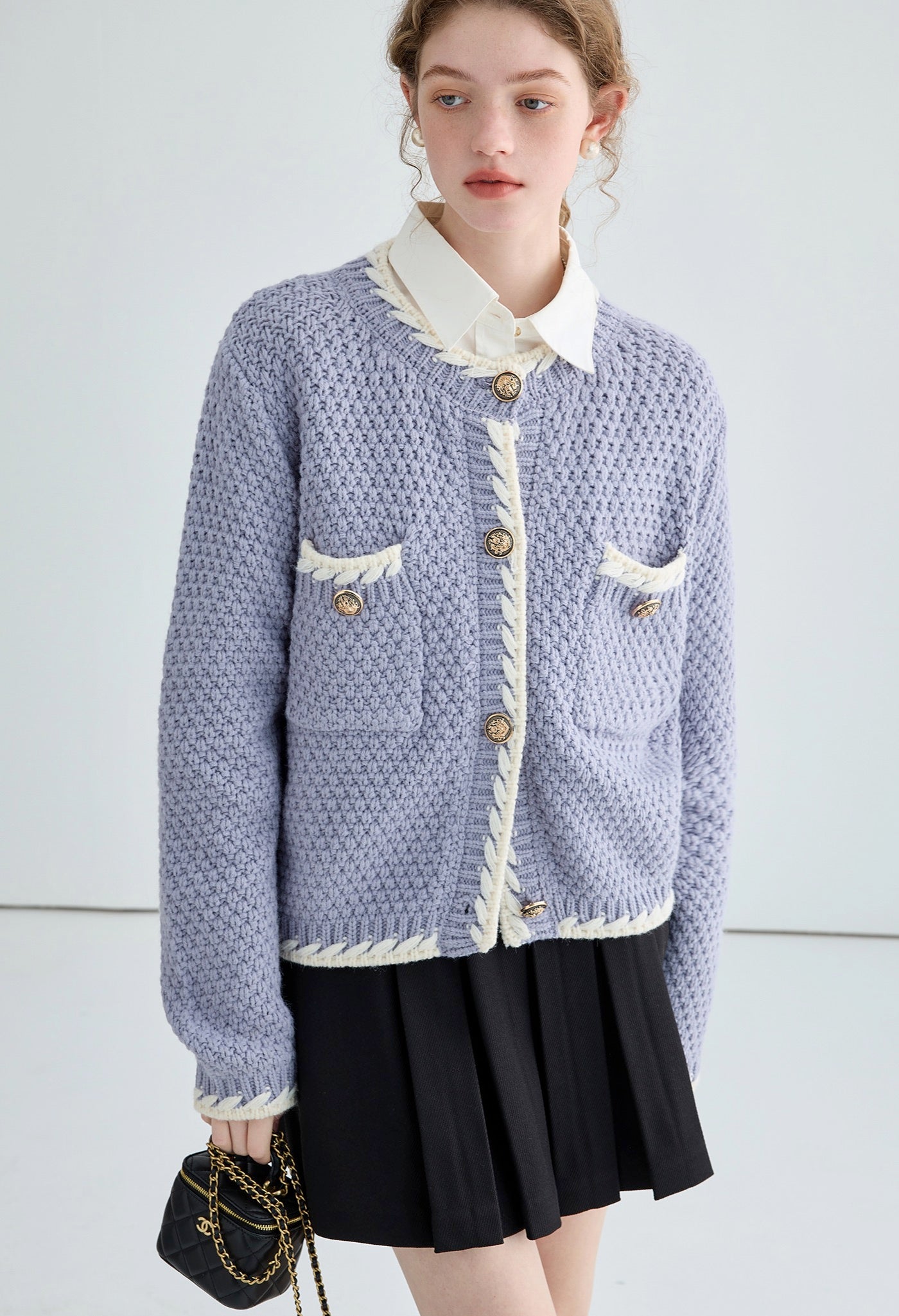 white,piping,knit,cardigan,purple,black,simple,cute,cool,sexy,mode