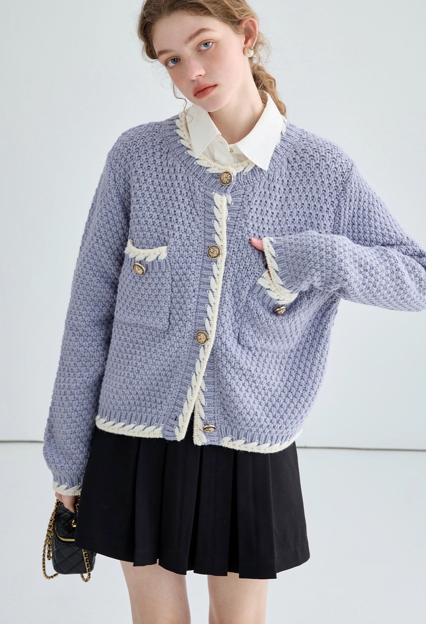 white,piping,knit,cardigan,purple,black,simple,cute,cool,sexy,mode