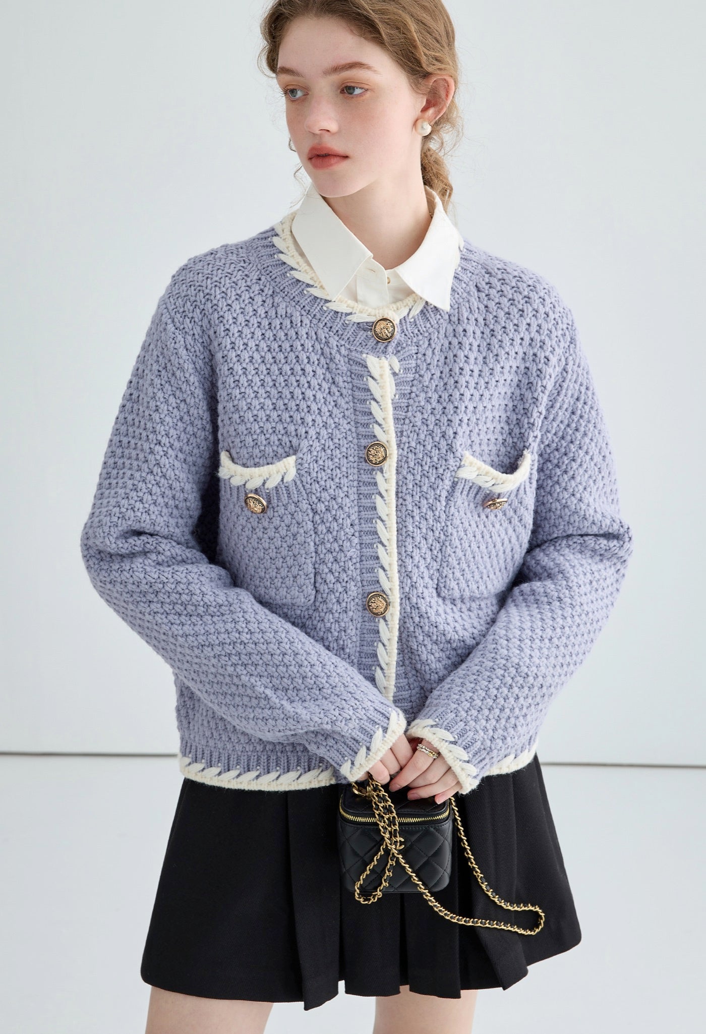 white,piping,knit,cardigan,purple,black,simple,cute,cool,sexy,mode