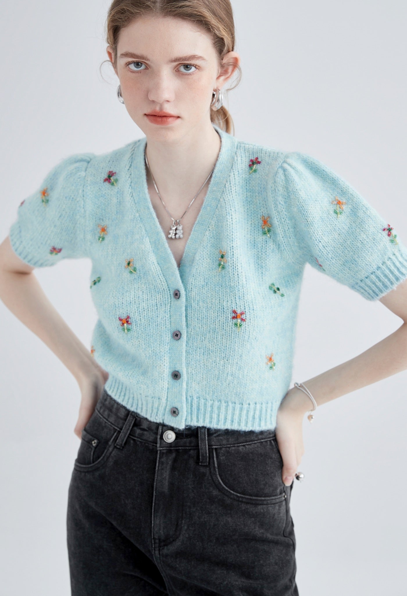 flower,motif,knit,cardigan,blue,simple,cute,sexy,cool,mode