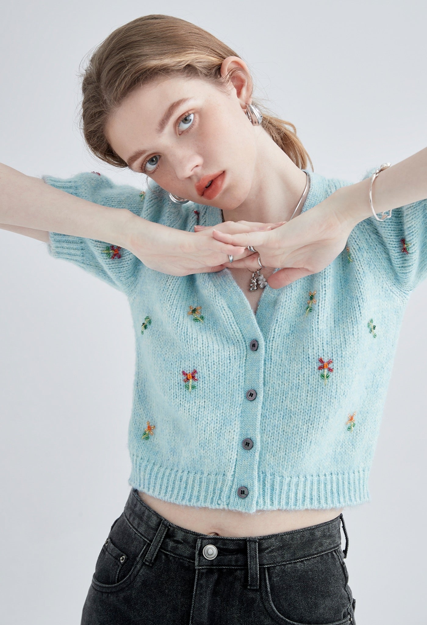 flower,motif,knit,cardigan,blue,simple,cute,sexy,cool,mode