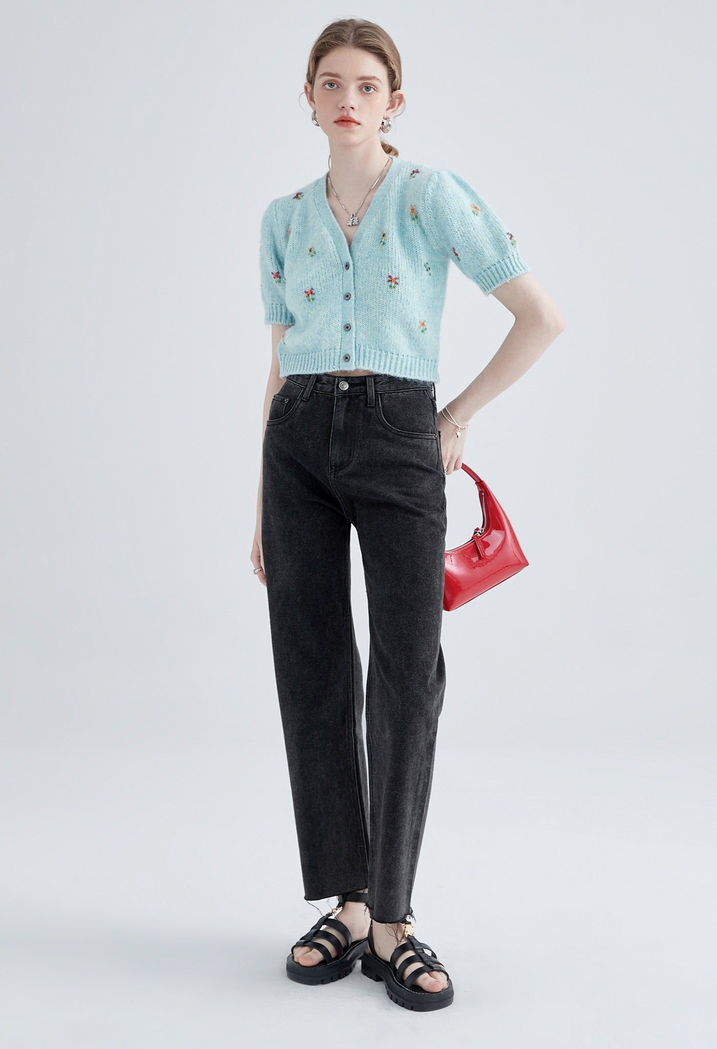 flower,motif,knit,cardigan,blue,simple,cute,sexy,cool,mode
