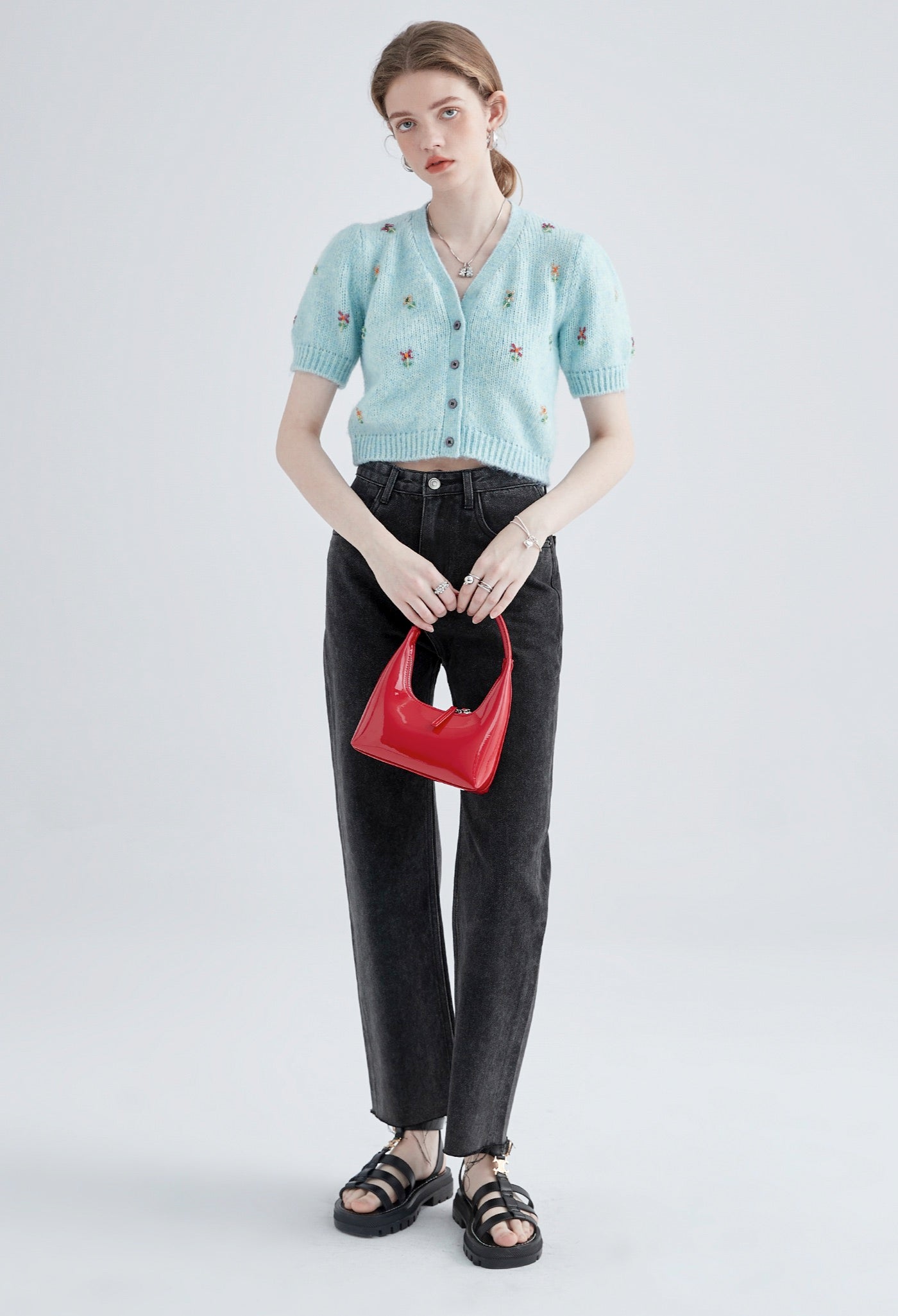 flower,motif,knit,cardigan,blue,simple,cute,sexy,cool,mode