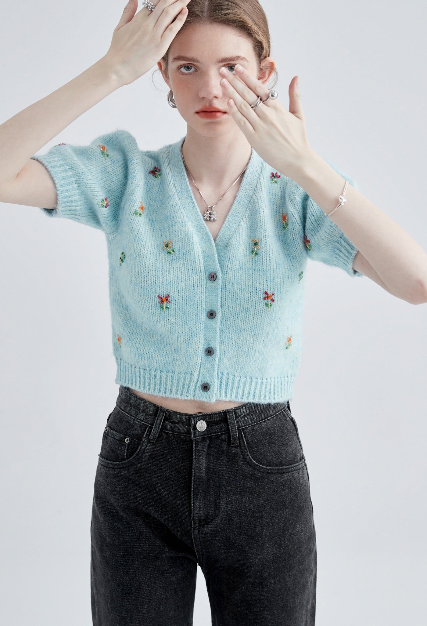 flower,motif,knit,cardigan,blue,simple,cute,sexy,cool,mode