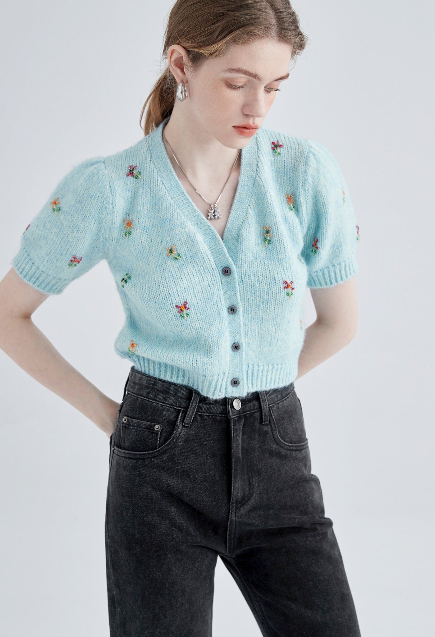 flower,motif,knit,cardigan,blue,simple,cute,sexy,cool,mode