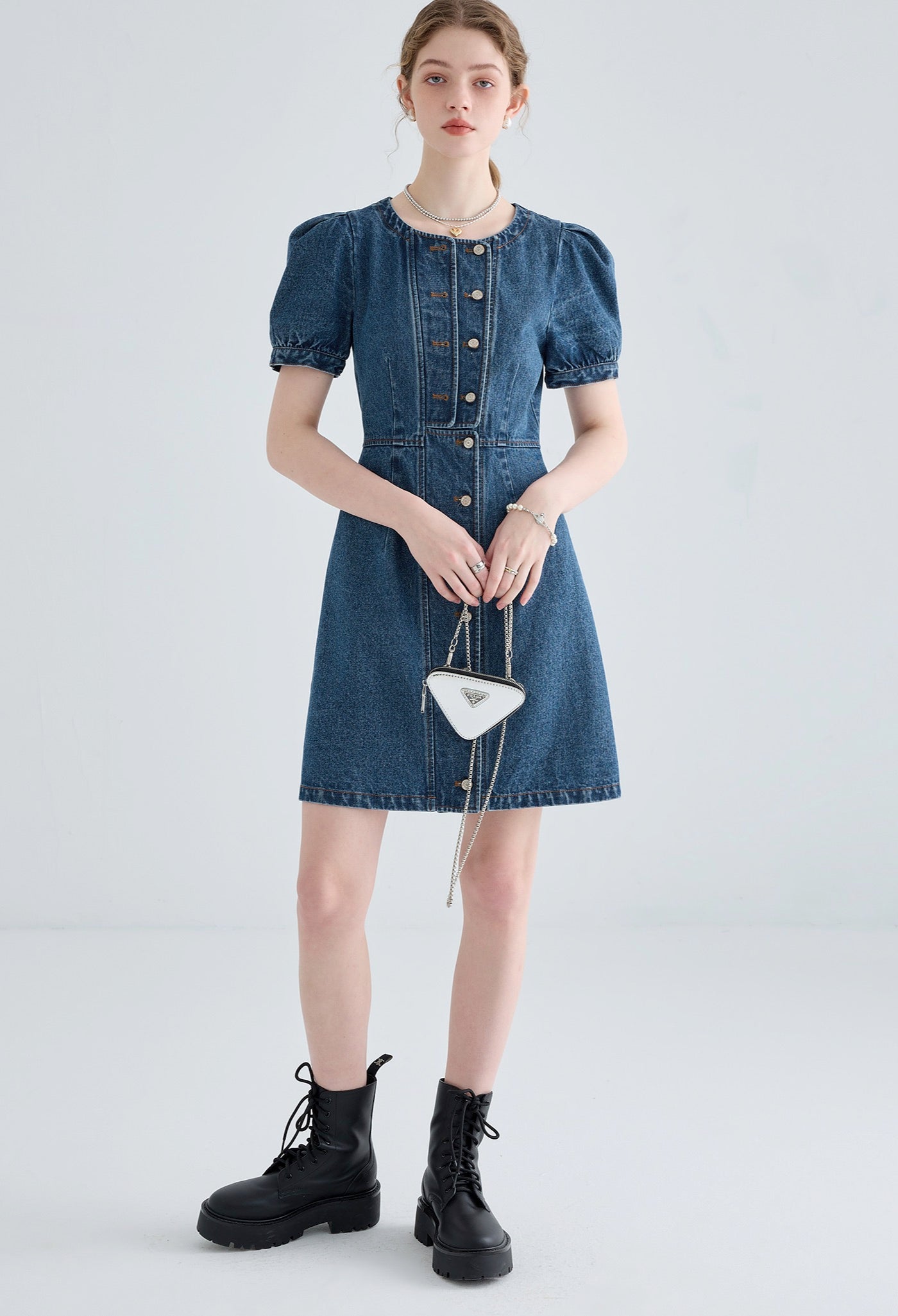 denim,puff,sleeve,onepiece,blue,simple,cute,sexy,modern