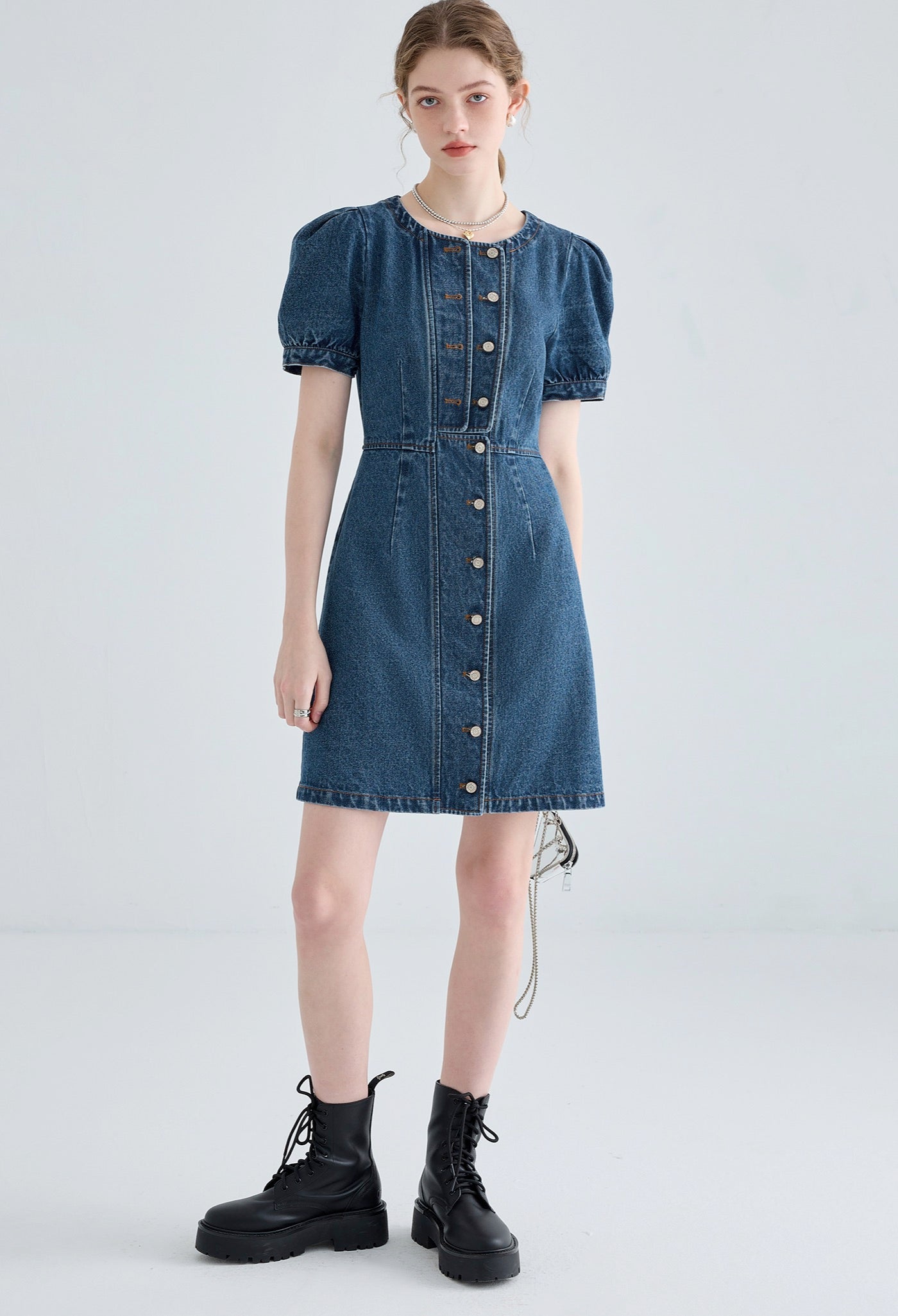 denim,puff,sleeve,onepiece,blue,simple,cute,sexy,modern