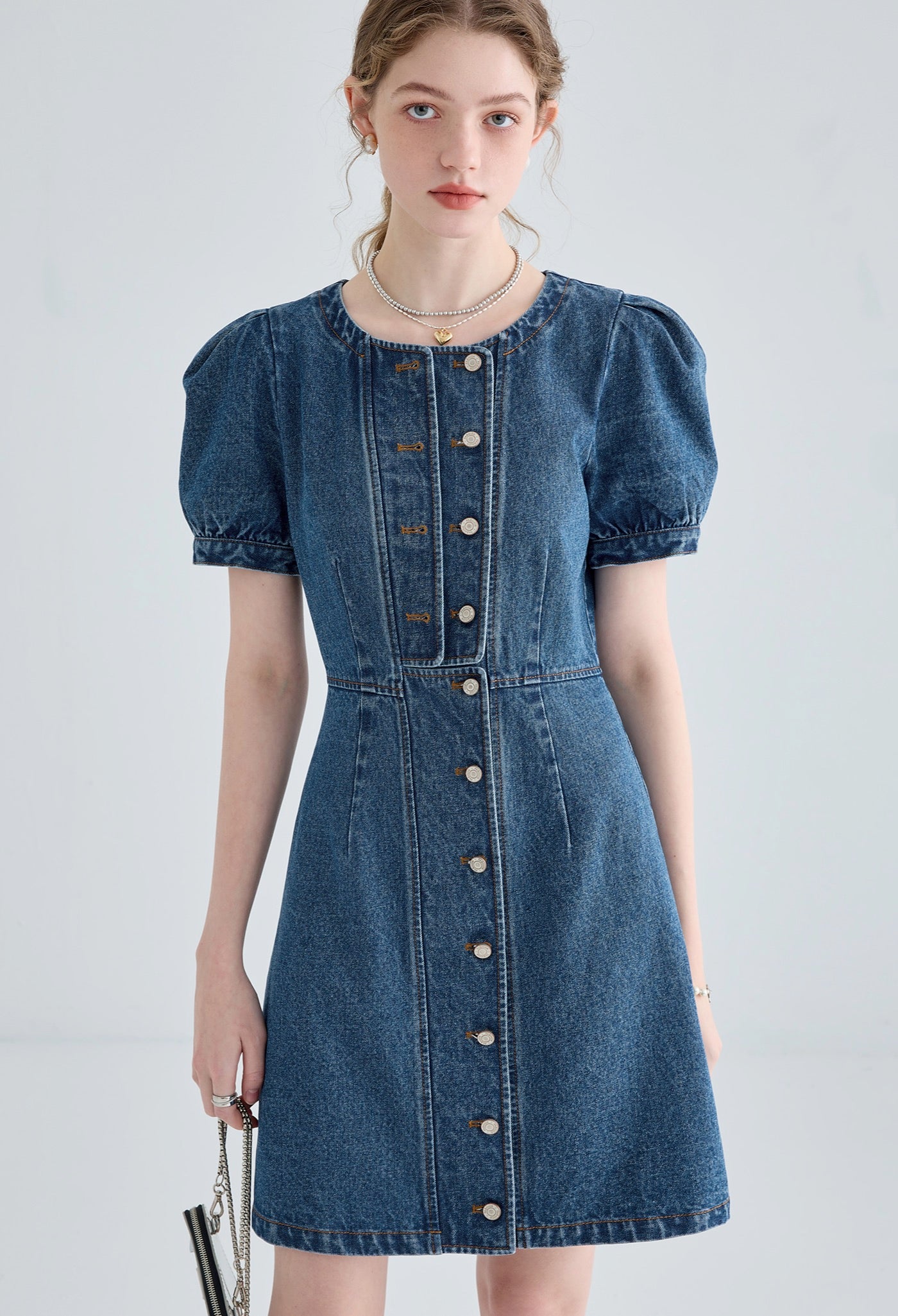denim,puff,sleeve,onepiece,blue,simple,cute,sexy,modern
