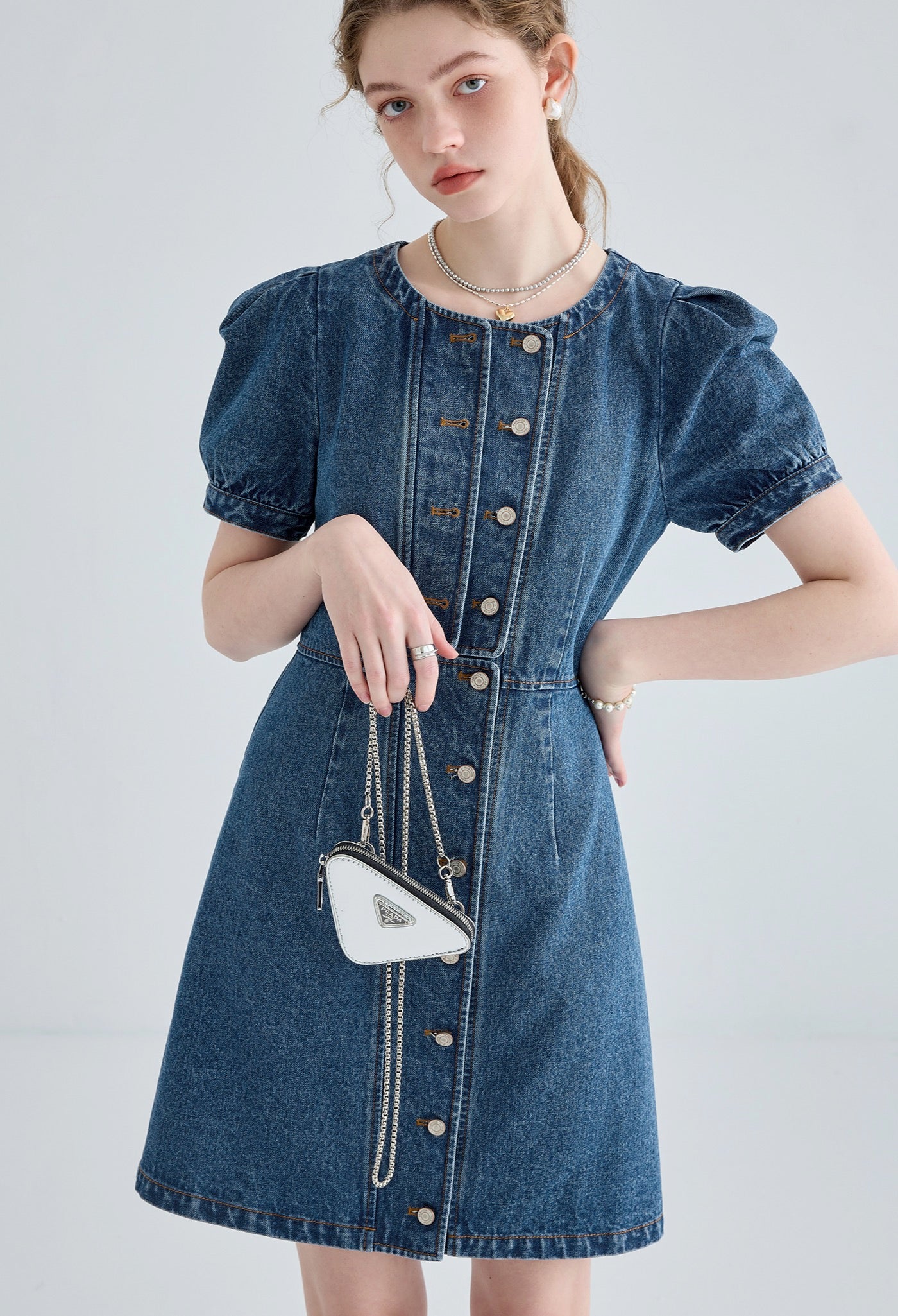 denim,puff,sleeve,onepiece,blue,simple,cute,sexy,modern