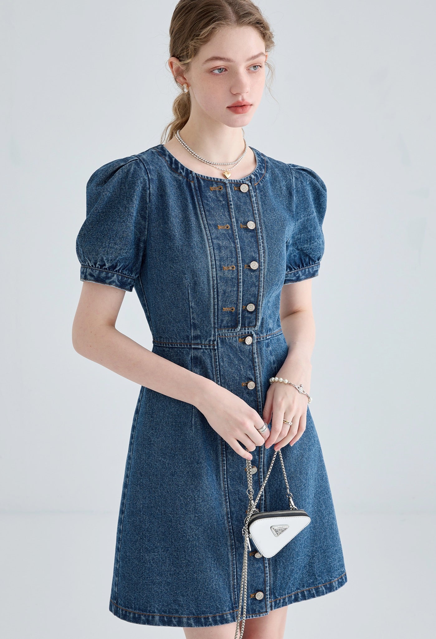denim,puff,sleeve,onepiece,blue,simple,cute,sexy,modern