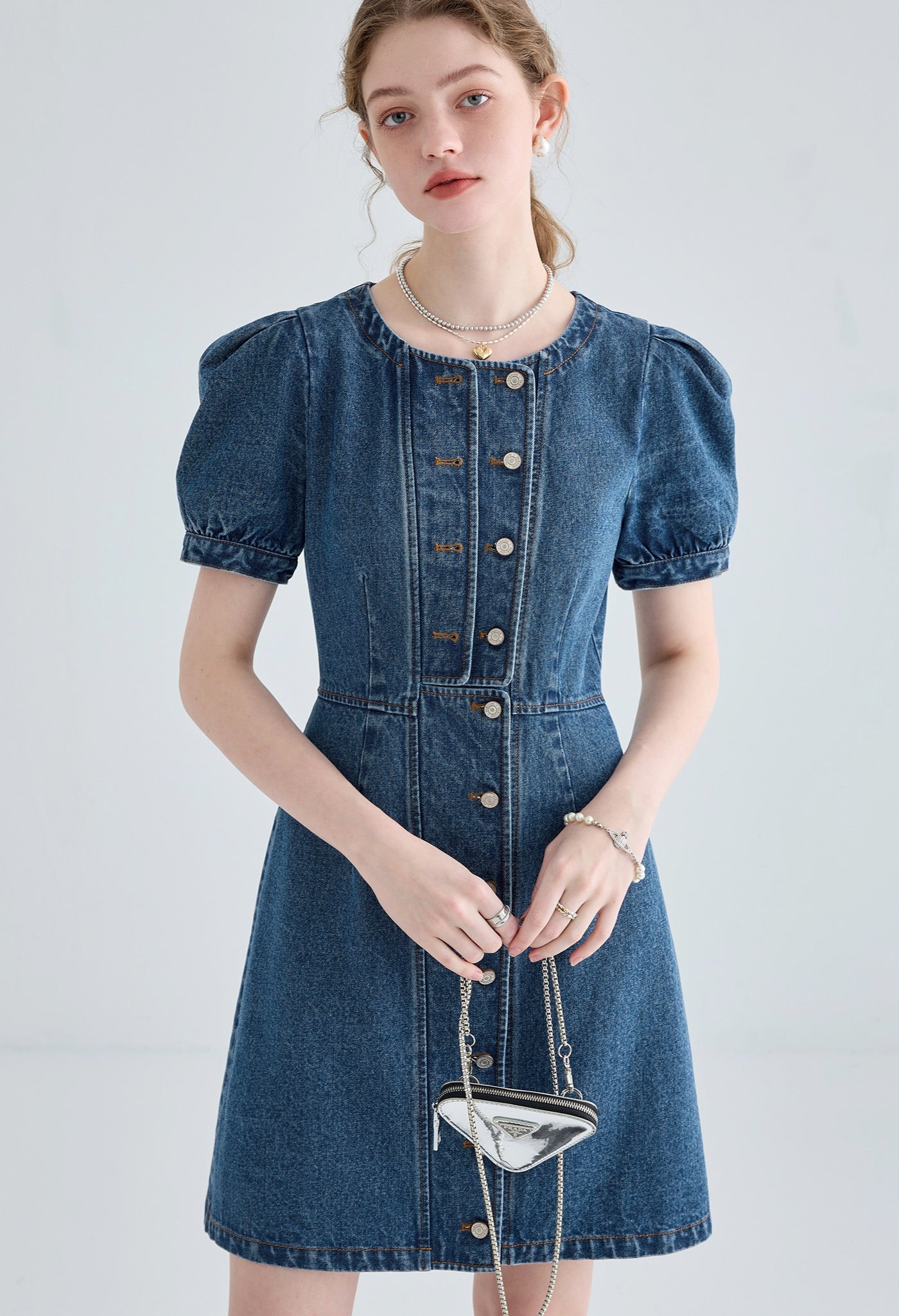 denim,puff,sleeve,onepiece,blue,simple,cute,sexy,modern