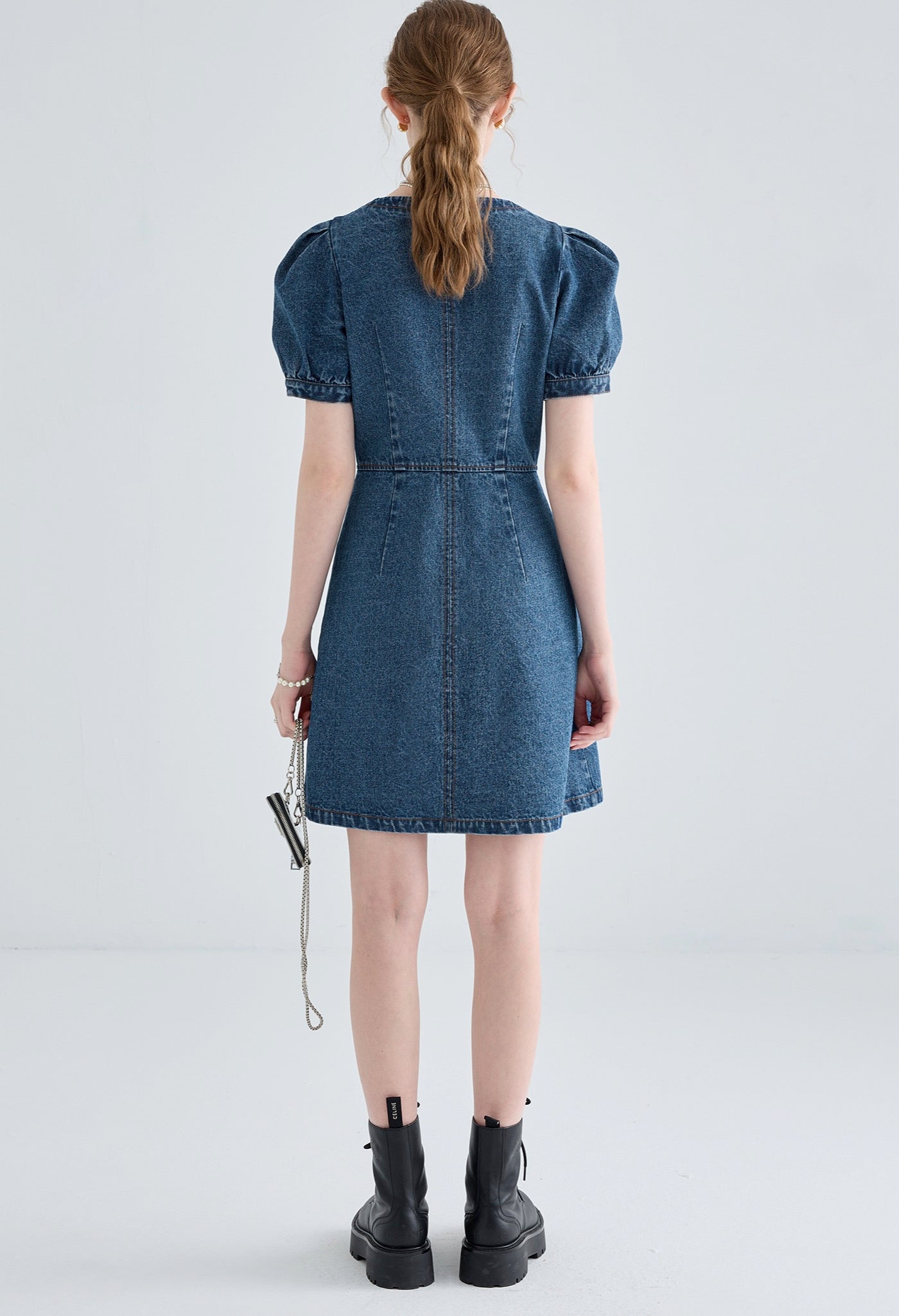 denim,puff,sleeve,onepiece,blue,simple,cute,sexy,modern