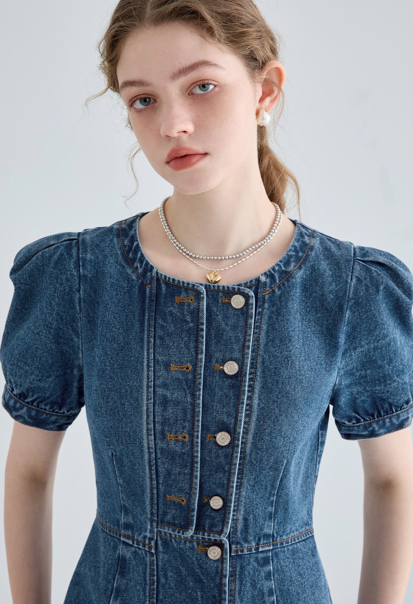 denim,puff,sleeve,onepiece,blue,simple,cute,sexy,modern