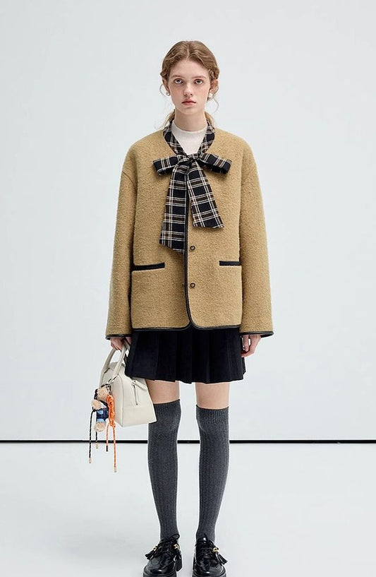 bow,collar,looped,woolen,coat,brown,simple,cool,cute,mode,sexy,modern