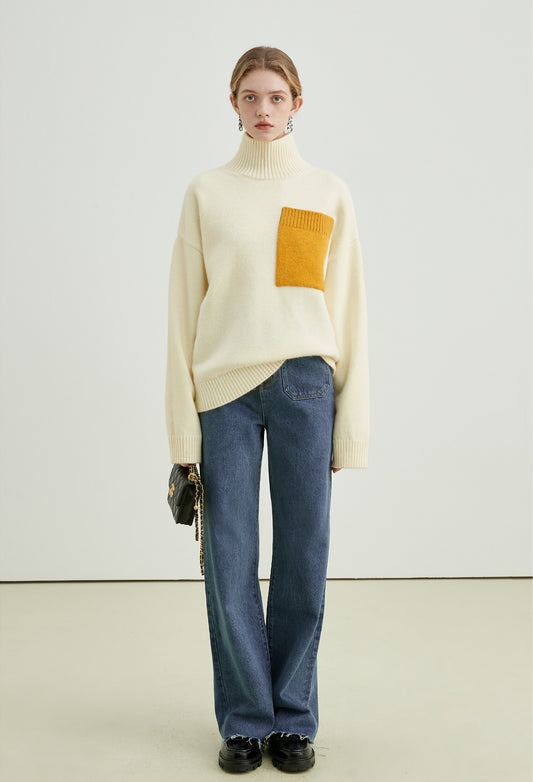pocket,high,neck,sweater,white,yellow,cool,cute,sexy,mode,simple
