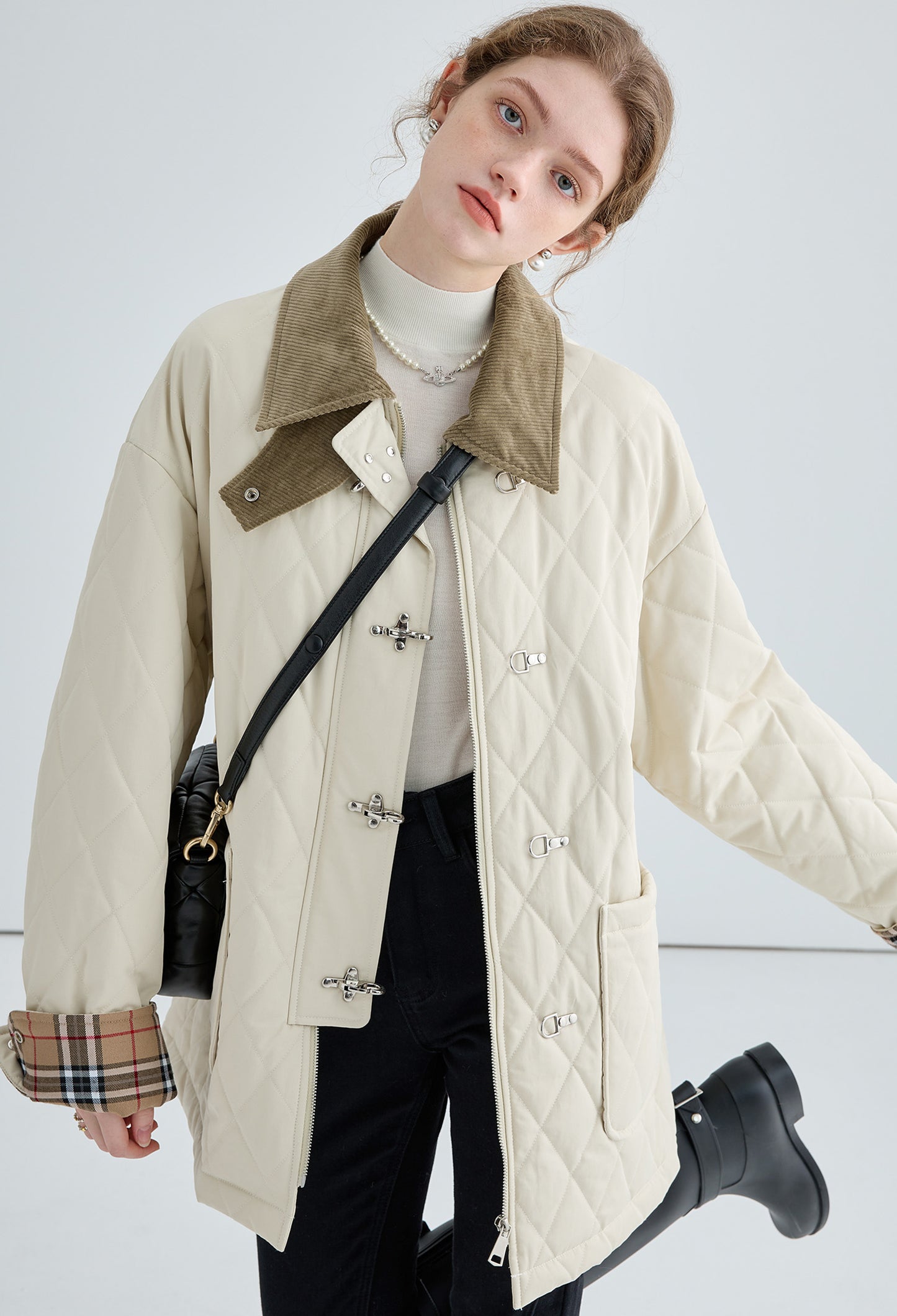 quilting,check,coat,white,cool,cute,sexy,mode,simple