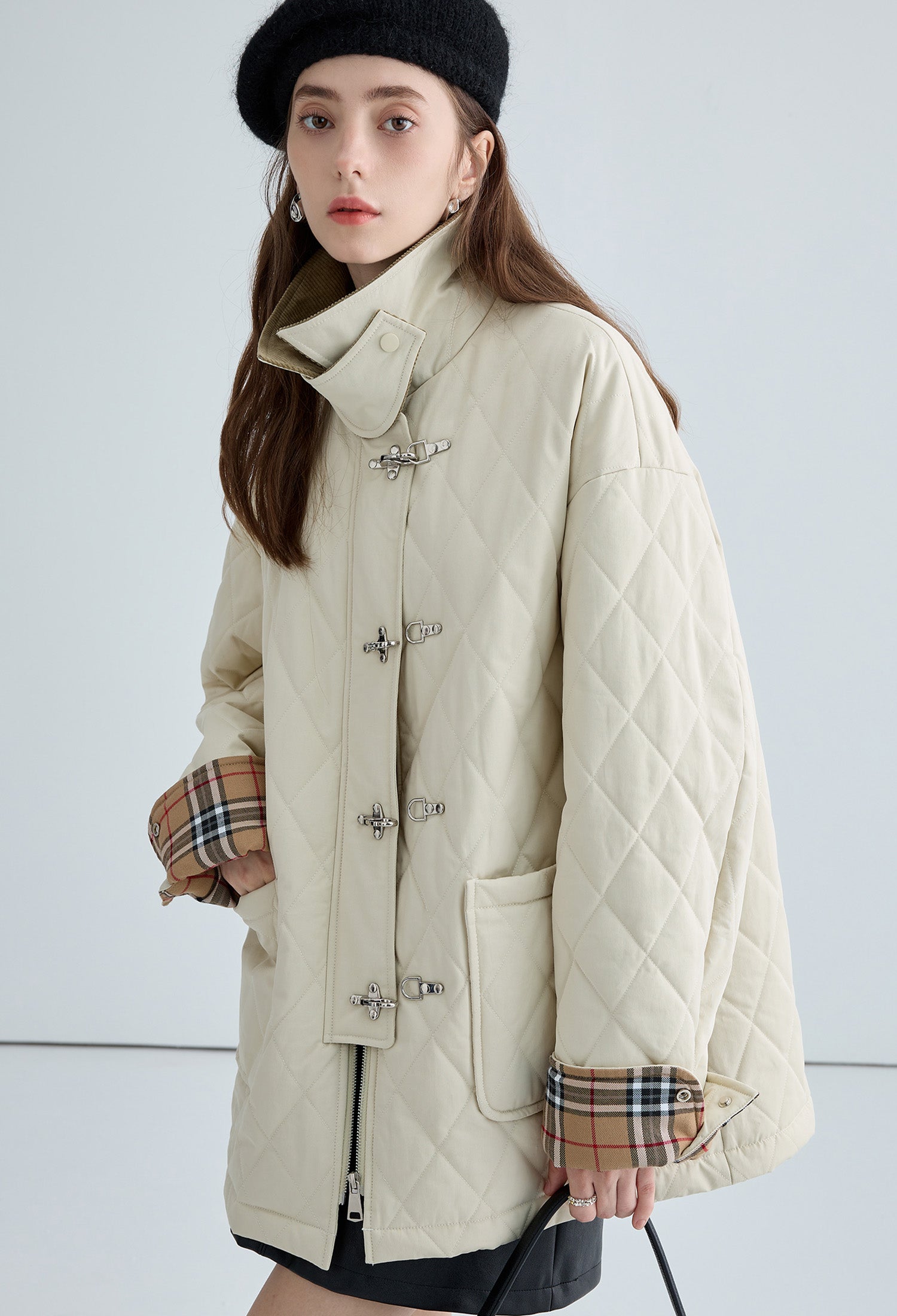 quilting,check,coat,white,cool,cute,sexy,mode,simple