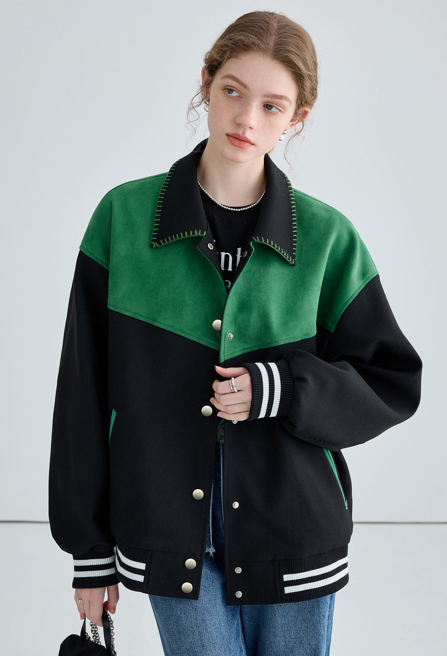 bicolor,baseball,jacket,green,black,simple,cute,cool,sexy,mode