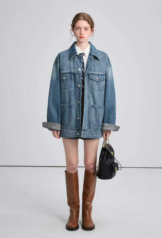 check,collar,denim,coat,blue,simple,cute,mode,sexy,