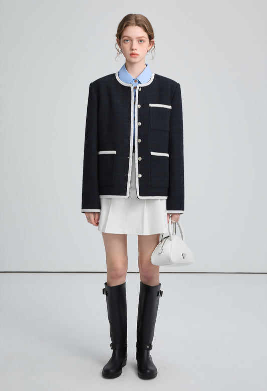 french,no,collar,jacket,navy,cool,simple,cute,sexy