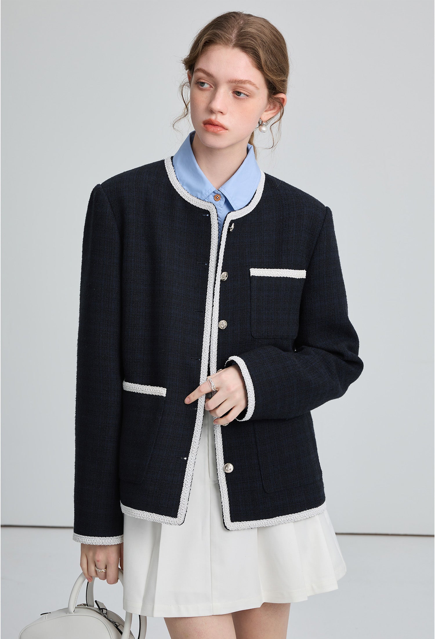 french,no,collar,jacket,navy,cool,simple,cute,sexy