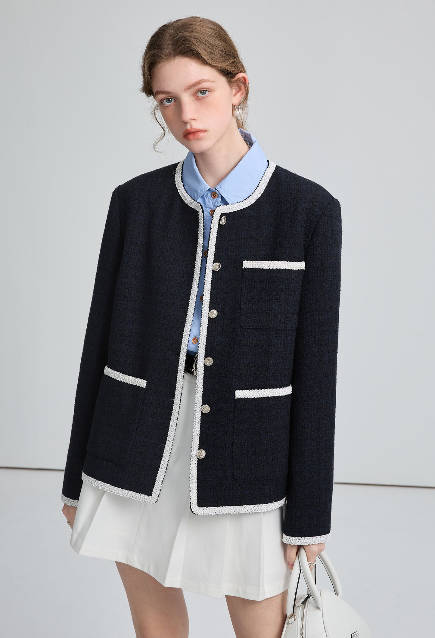 french,no,collar,jacket,navy,cool,simple,cute,sexy