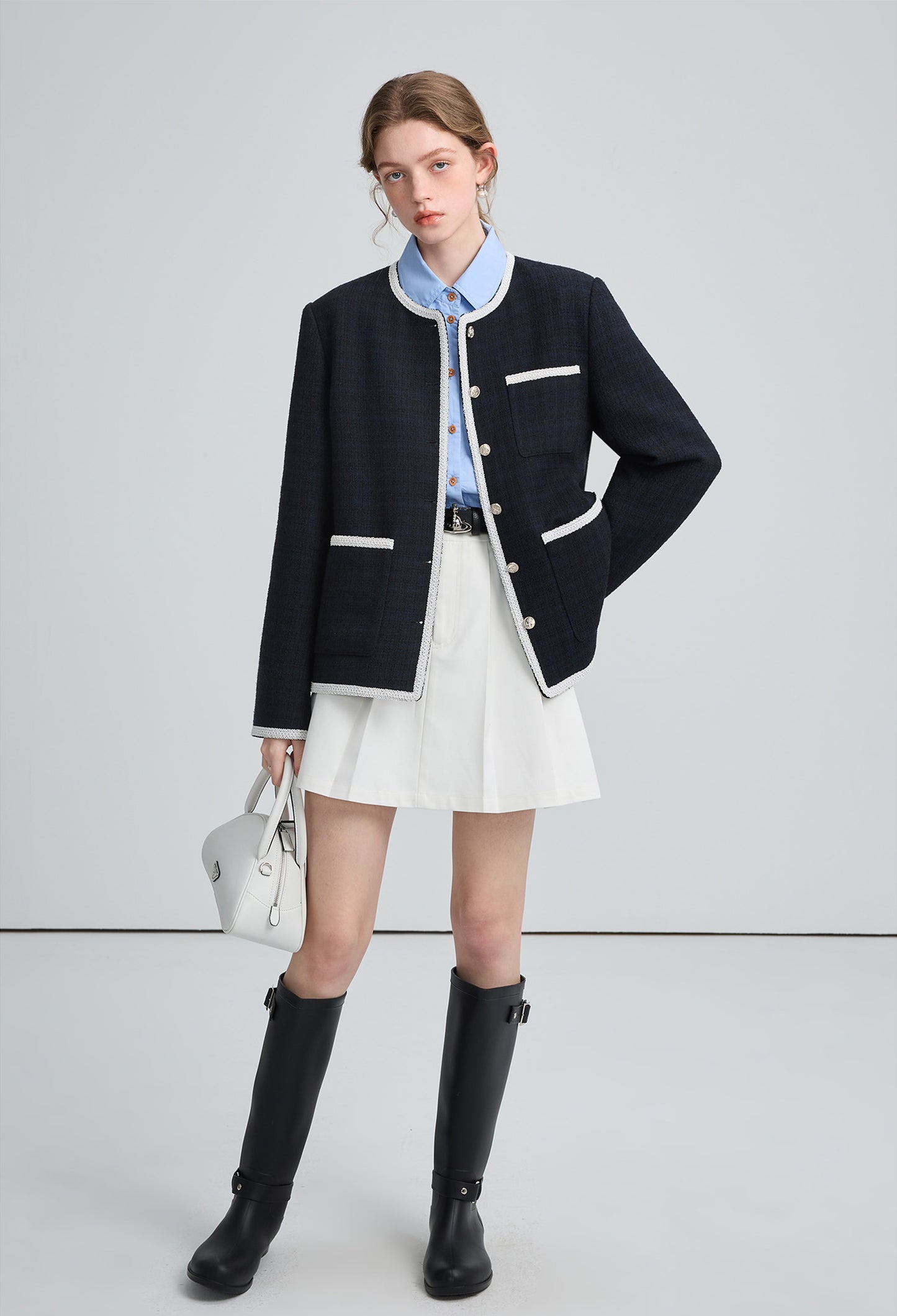 french,no,collar,jacket,navy,cool,simple,cute,sexy