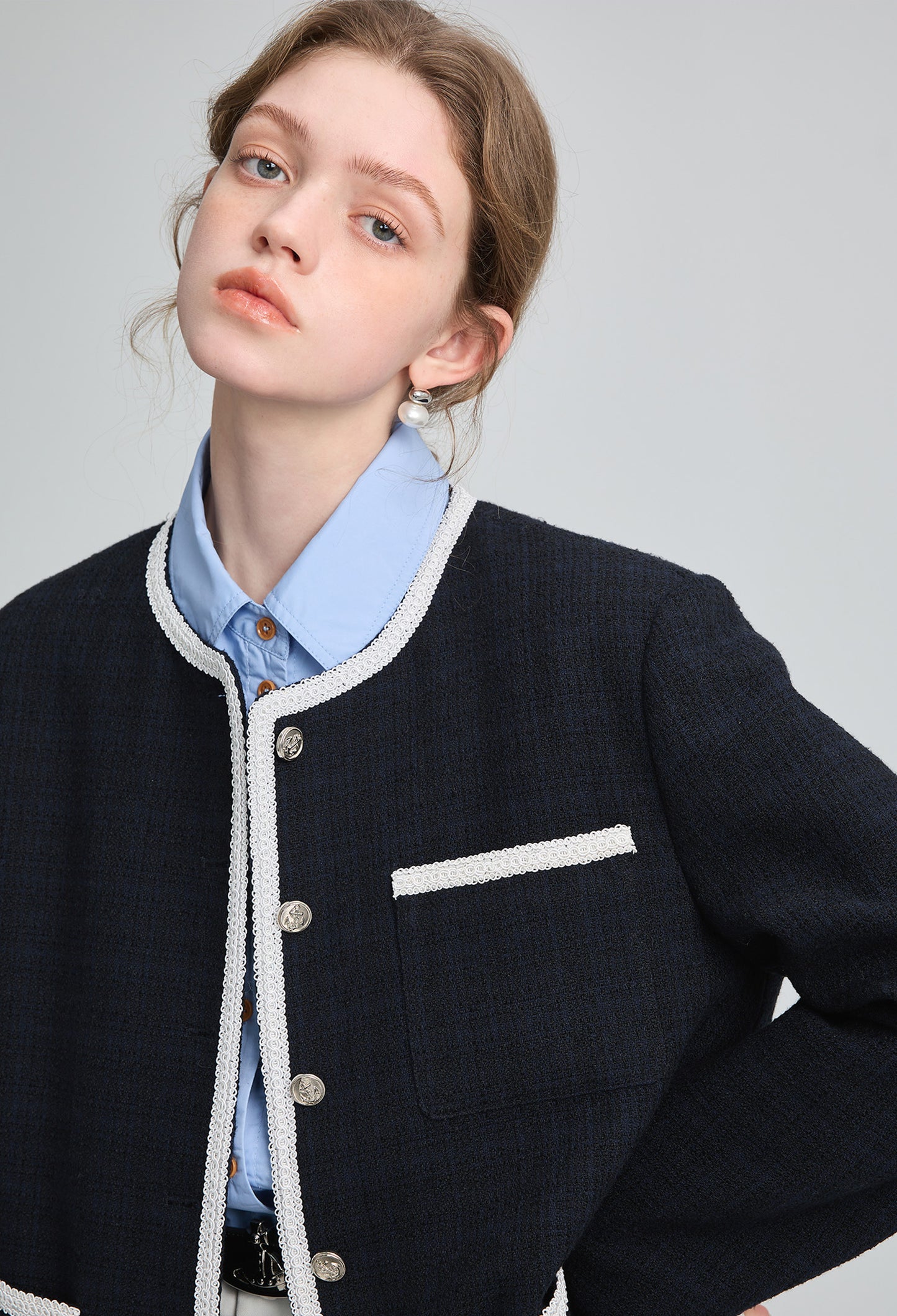 french,no,collar,jacket,navy,cool,simple,cute,sexy