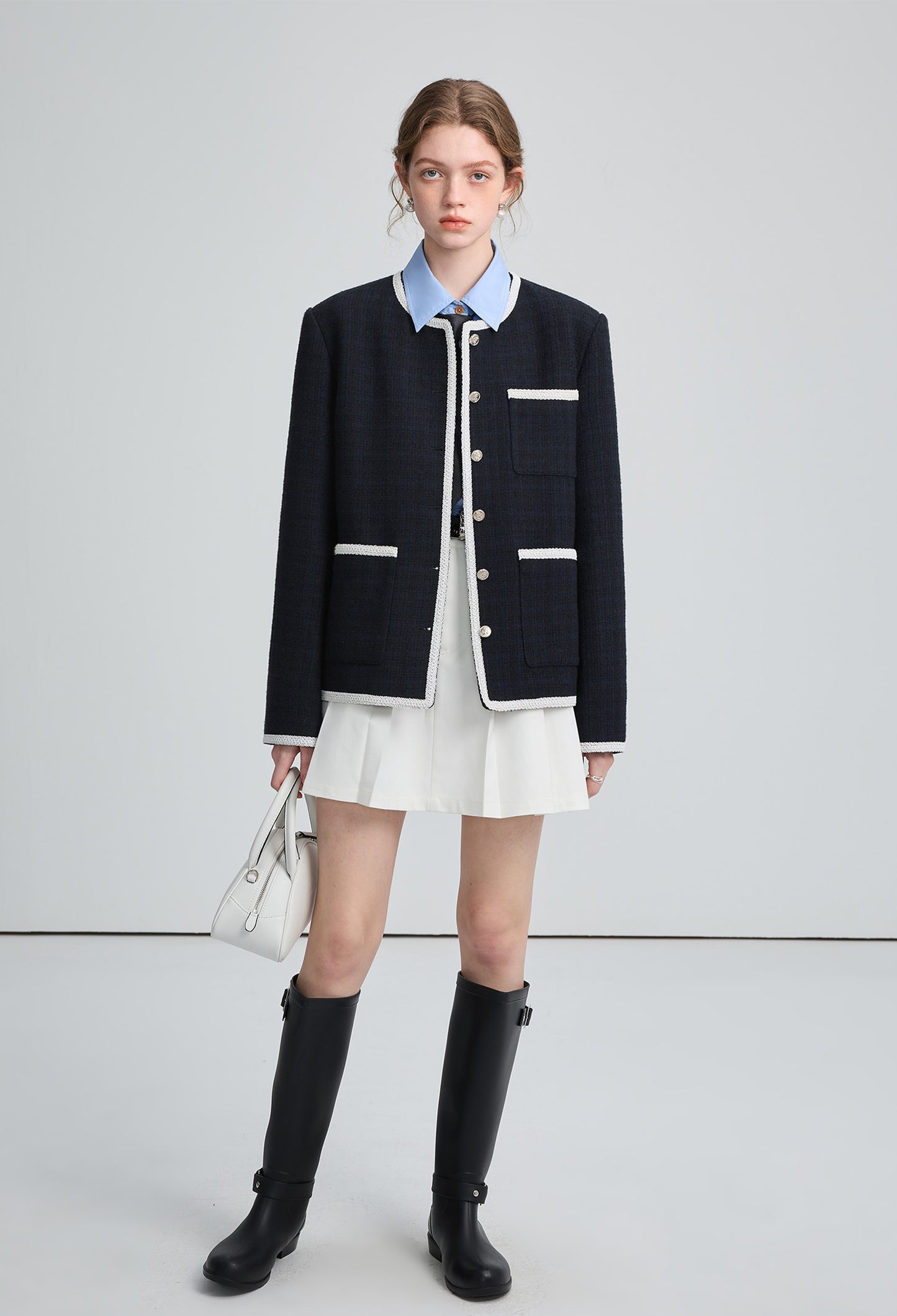 french,no,collar,jacket,navy,cool,simple,cute,sexy