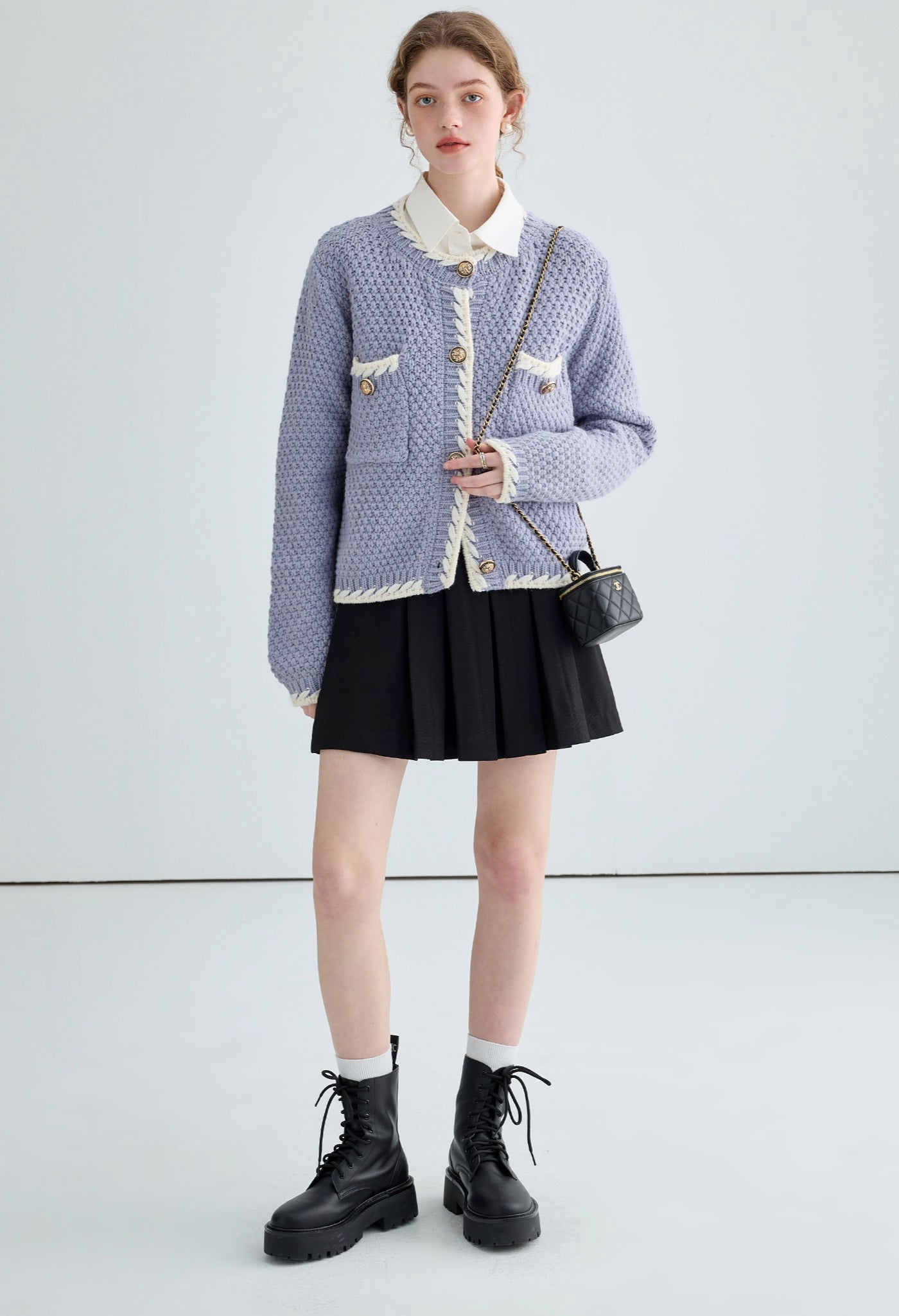 white,piping,knit,cardigan,purple,black,simple,cute,cool,sexy,mode