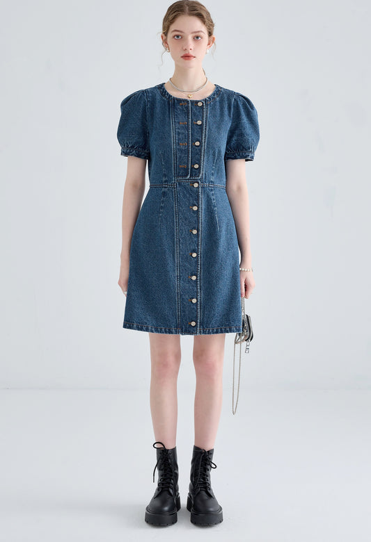 denim,puff,sleeve,onepiece,blue,simple,cute,sexy,modern