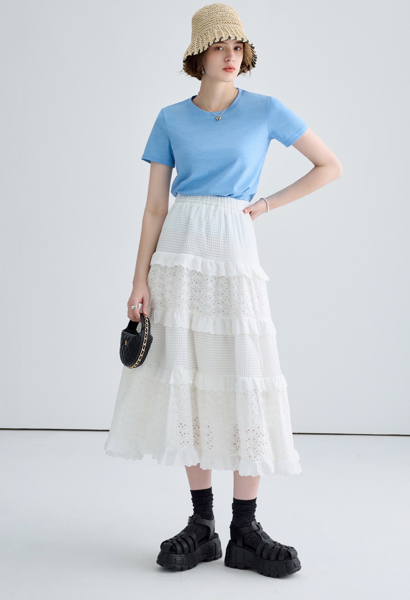 Pearl ribbon lace blouse with inner cami + cross lace-up layered skirt –  Belchic