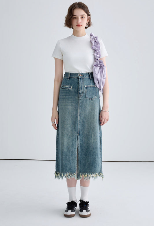 fringe,denim,slit,skirt,blue,simple,cute,cool,sexy,modern